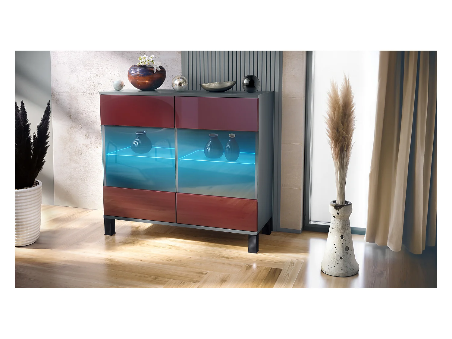 Commode Bari V3, Armoire de cuisine moderne avec 2 grandes portes vitrées incl. éclairage RGB anthracite mat / bordeaux haute brillance (92,5 x 84.5 x 35)