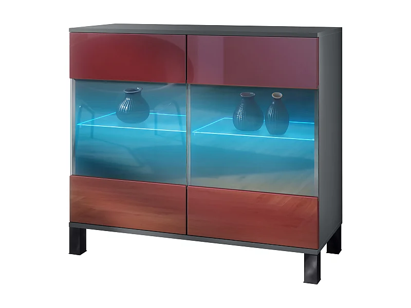 Commode Bari V3, Armoire de cuisine moderne avec 2 grandes portes vitrées incl. éclairage RGB anthracite mat / bordeaux haute brillance (92,5 x 84.5 x 35)