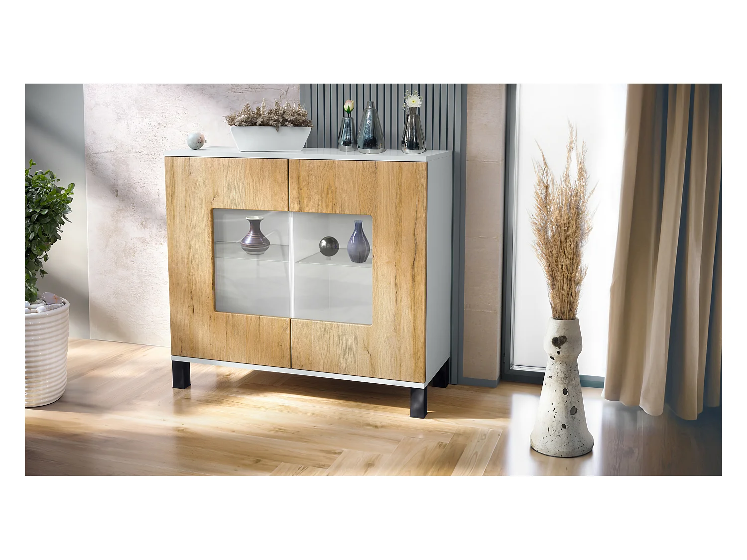 Cómoda Grömitz V3, Moderno armario de cocina con 2 grandes puertas de cristal blanco mate / roble natural (92,5 x 84.5 x 35)