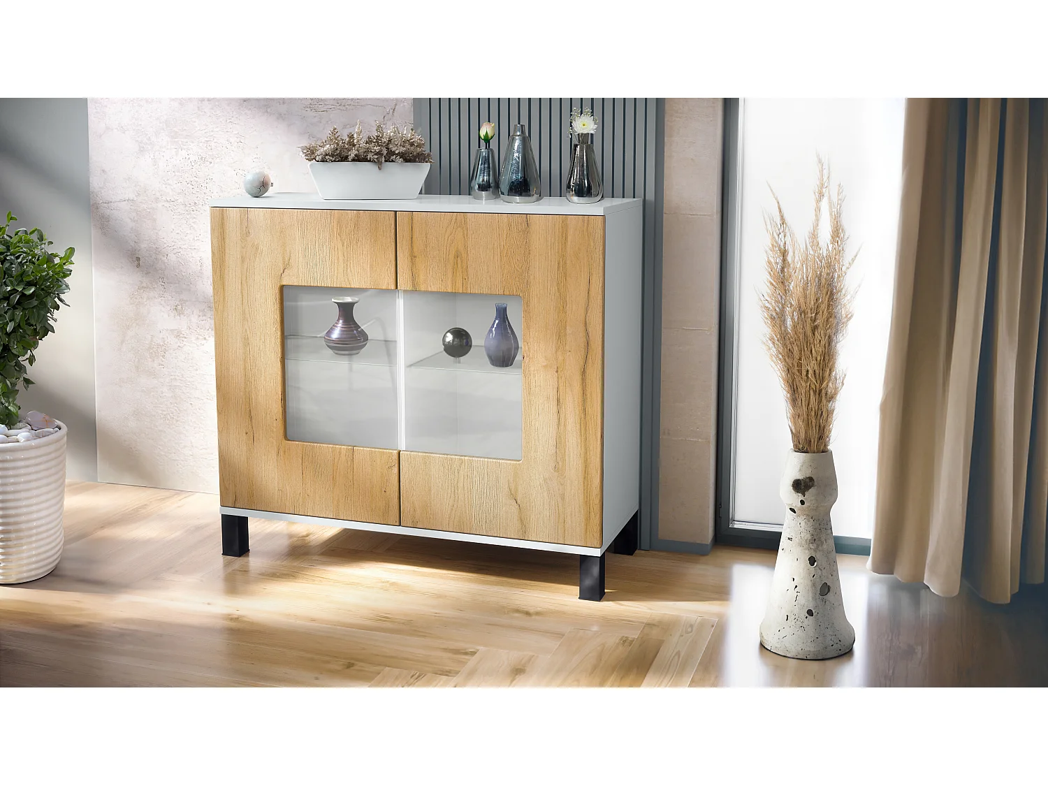 Commode Grömitz V3, Armoire de cuisine moderne avec 2 grandes portes vitrées blanc mat / chêne nature (92,5 x 84.5 x 35)