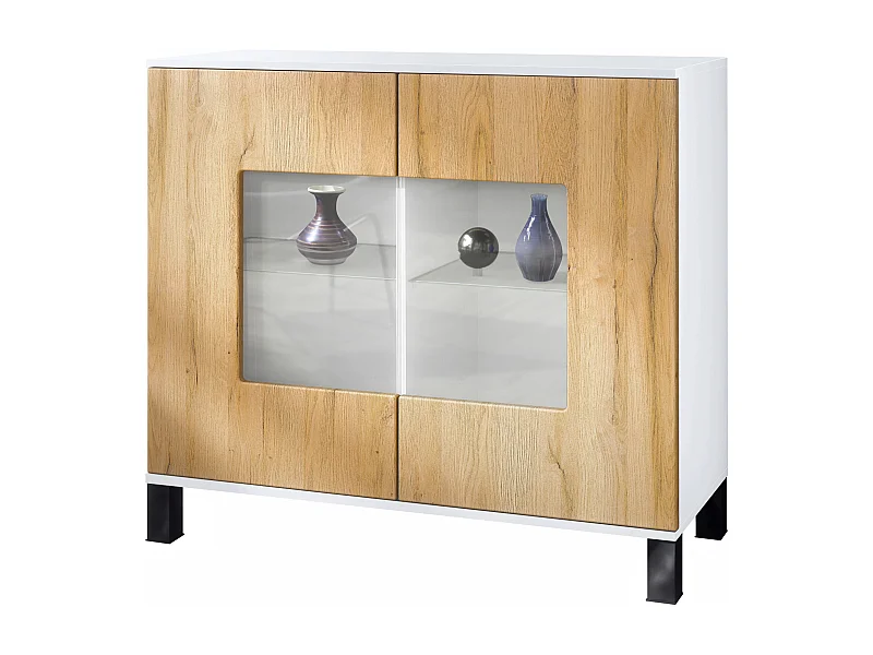 Cassettiera Grömitz V3, Mobile da cucina moderno con 2 grandi ante in vetro bianco opaco / rovere naturale (92,5 x 84.5 x 35)