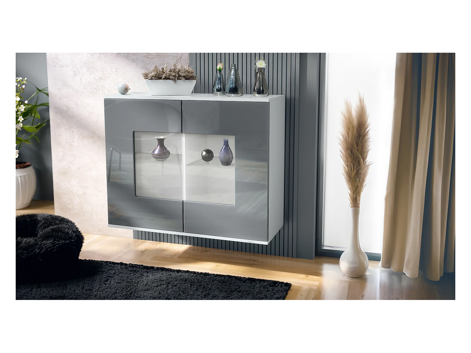 Commode Grömitz V3, Armoire de cuisine moderne avec 2 grandes portes vitrées blanc mat / gris haute brillance (92,5 x 73.5 x 35)