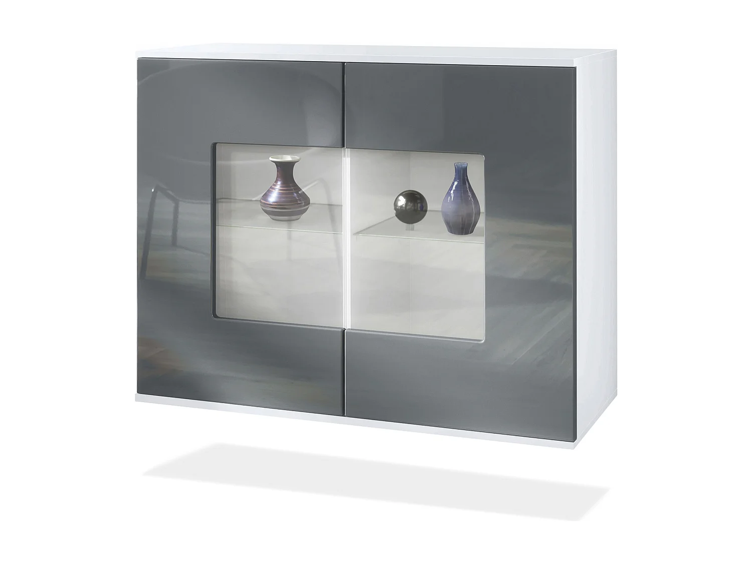 Cómoda Grömitz V3, Moderno armario de cocina con 2 grandes puertas de cristal blanco mate / gris de alto brillo (92,5 x 73.5 x 35)