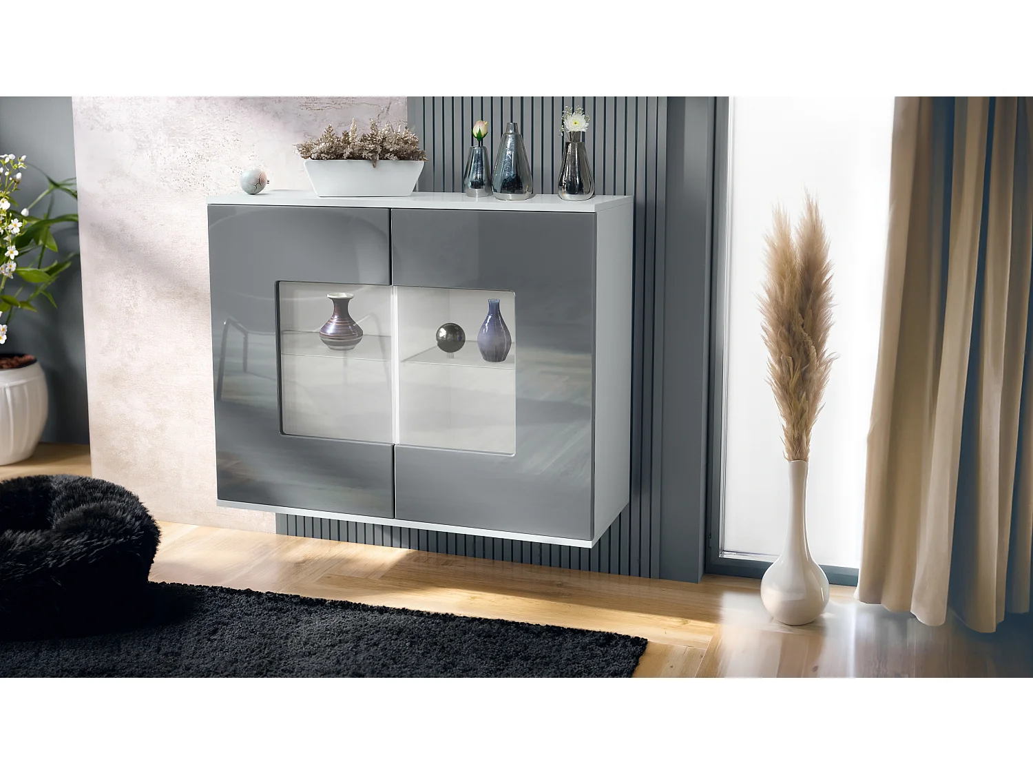 Cómoda Grömitz V3, Moderno armario de cocina con 2 grandes puertas de cristal blanco mate / gris de alto brillo (92,5 x 73.5 x 35)