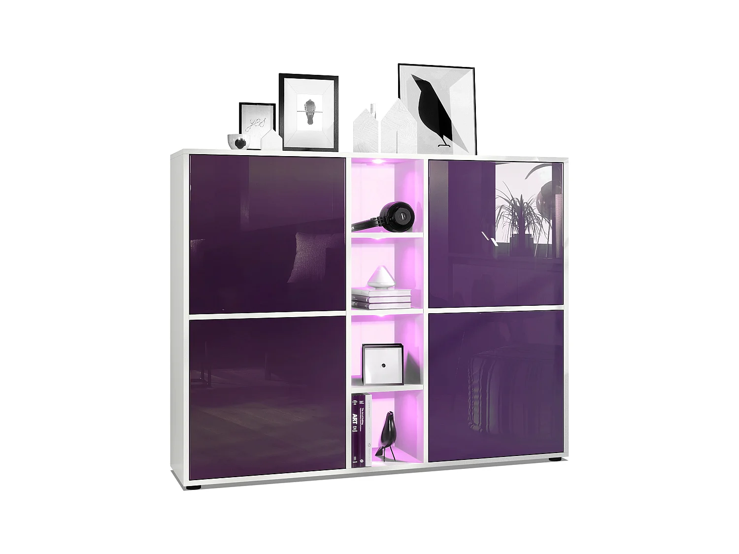Highboard Cuba V3, blanc mat/mûre haute brillance y compris LED - Buffet moderne à 12 compartiments (130,5 x 105,5 x 35,5 cm)