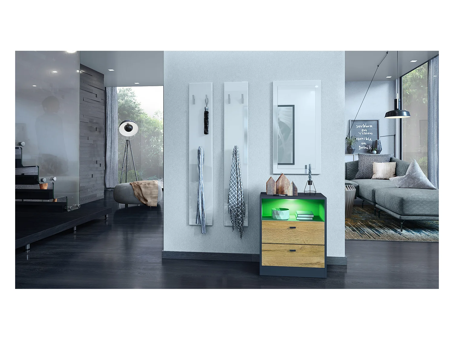 Buffet Pino V1, table de chevet avec 2 tiroirs & 1 compartiment ouvert, Anthracite mat/Chêne Nature avec éclairage LED RVB (56 x 67,5 x 36 cm)