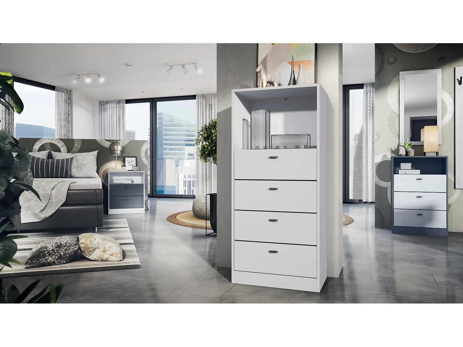 Buffet Pino V1, table de chevet avec 2 tiroirs & 1 compartiment ouvert, Anthracite mat/Chêne Nature avec éclairage LED RVB (56 x 67,5 x 36 cm)