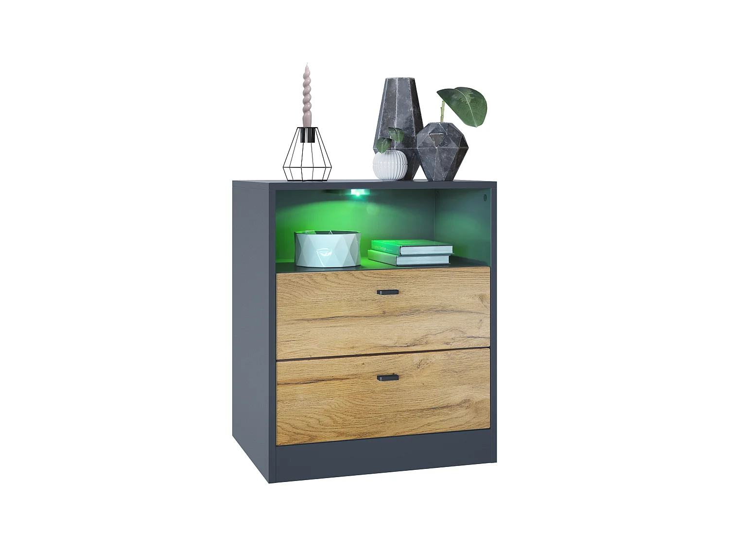 Buffet Pino V1, table de chevet avec 2 tiroirs & 1 compartiment ouvert, Anthracite mat/Chêne Nature avec éclairage LED RVB (56 x 67,5 x 36 cm)