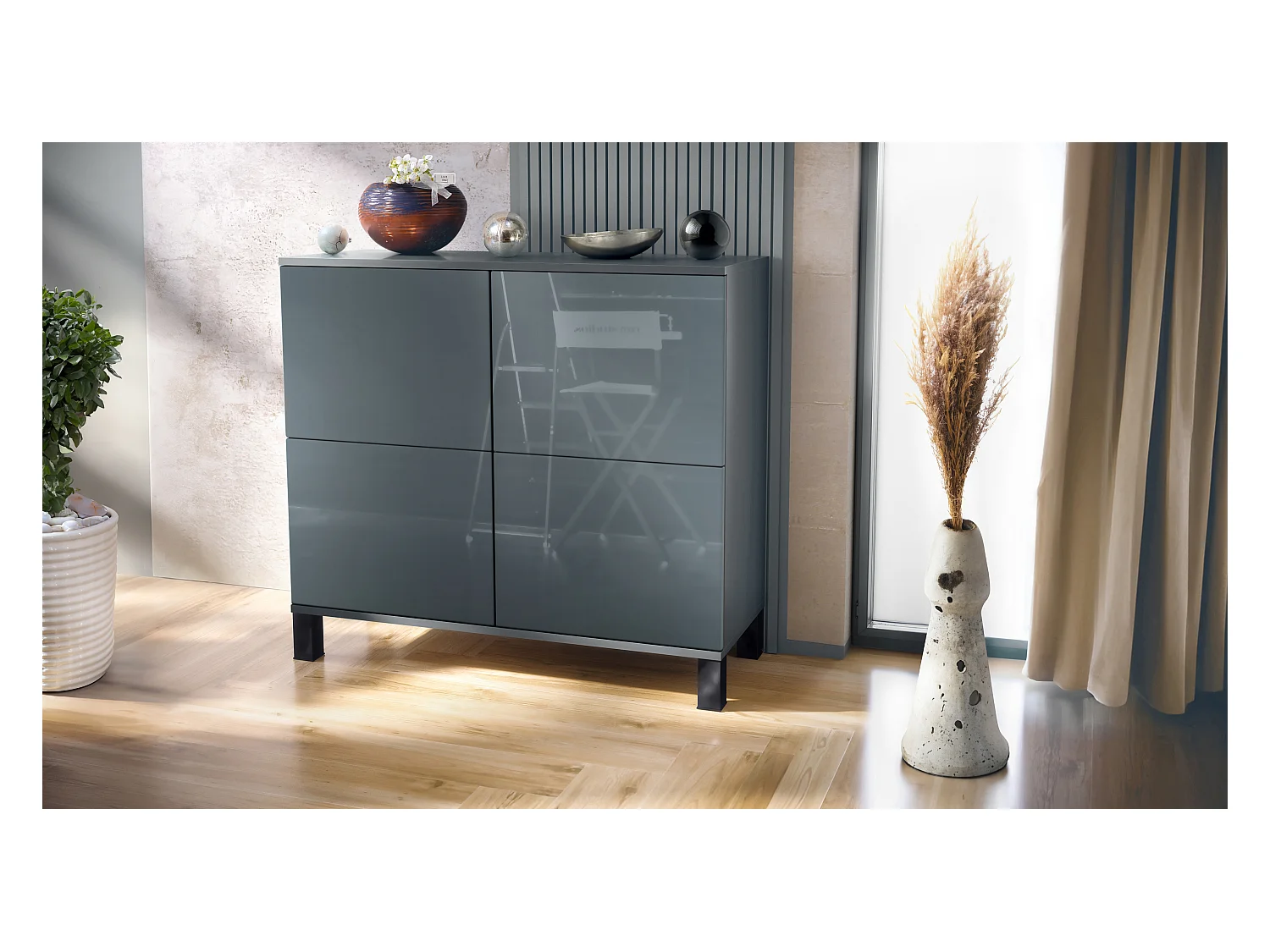 Buffet Rova V3 – Meuble de cuisine moderne avec 4 portes Push-to-Open anthracite mat / gris haute brillance (92,5 x 84.5 x 35)