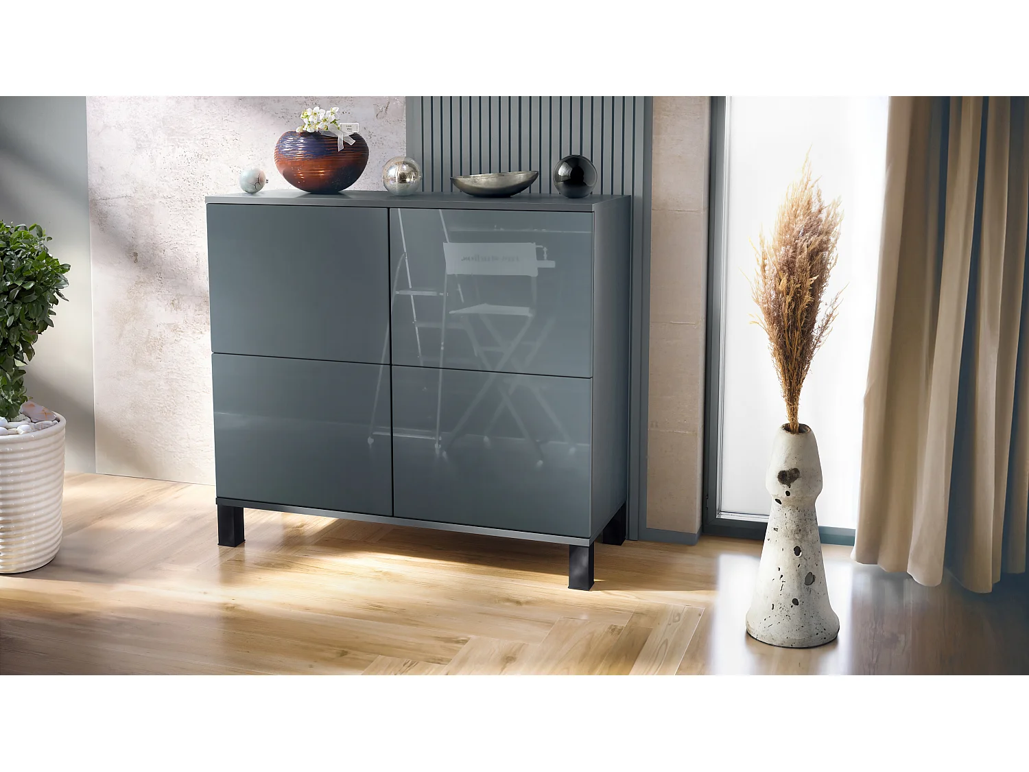 Credenza Rova V3 – Mobile da cucina moderno con 4 ante Push-to-Open antracite opaco  / grigio lucido (92,5 x 84.5 x 35)