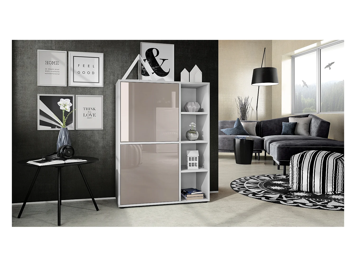 Buffet haut Cuba avec 8 compartiments, caisson en blanc mat / Façades en Gris sable laqué haute brillance