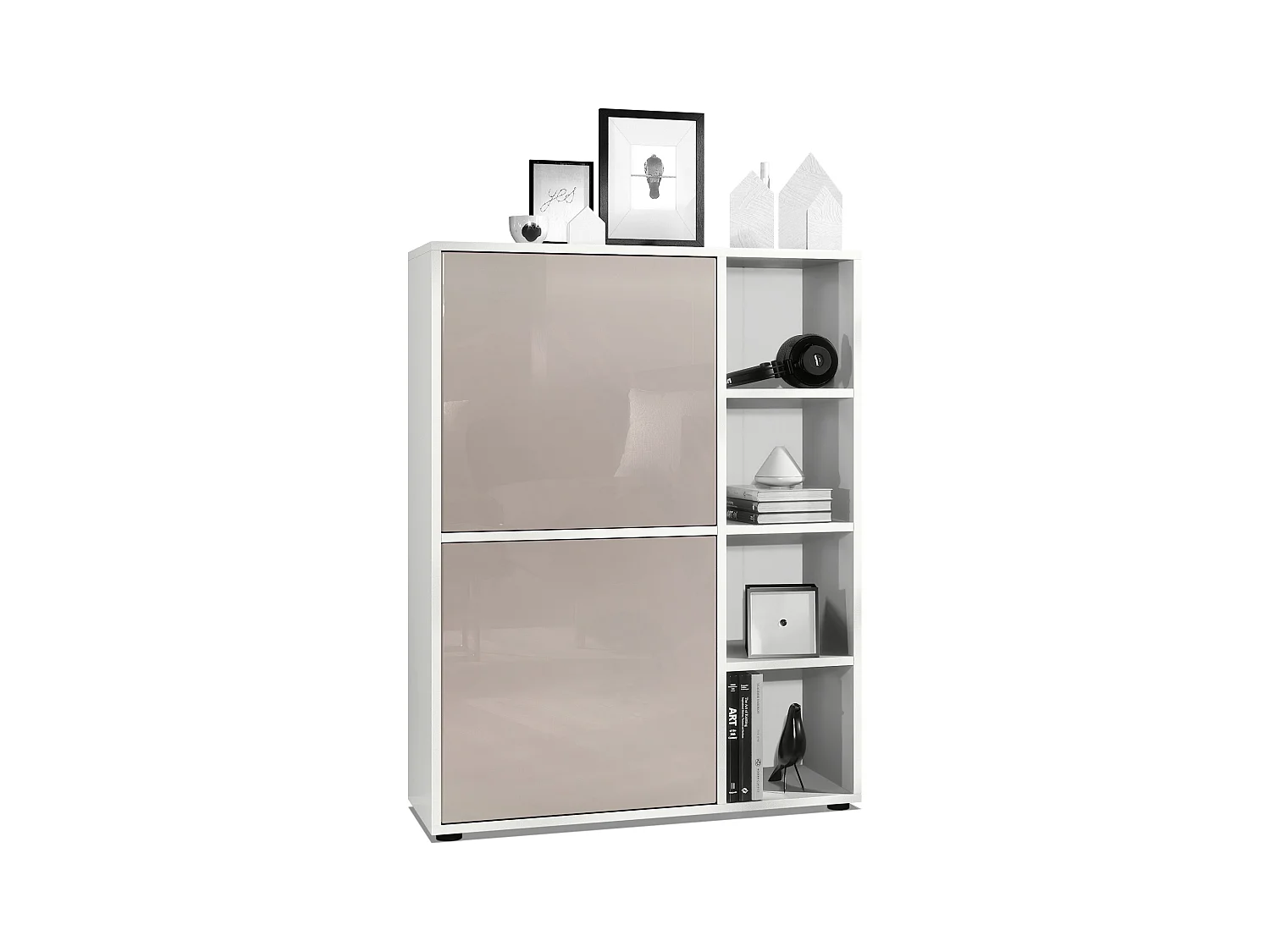 Buffet haut Cuba avec 8 compartiments, caisson en blanc mat / Façades en Gris sable laqué haute brillance