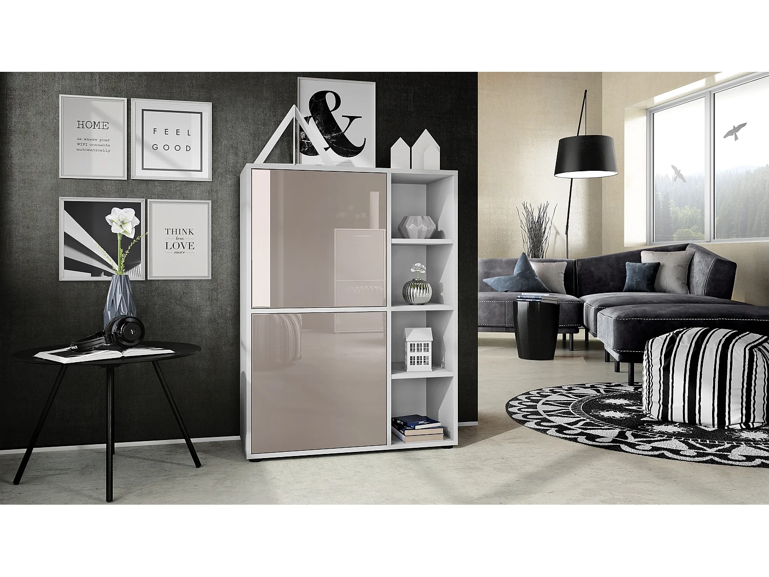 Credenza  Cuba 79 x 105,5 x 35,5 cm Credenza con 8 ripiani, Struttura in bianco opaco / Ante in grigio sabbia lucido