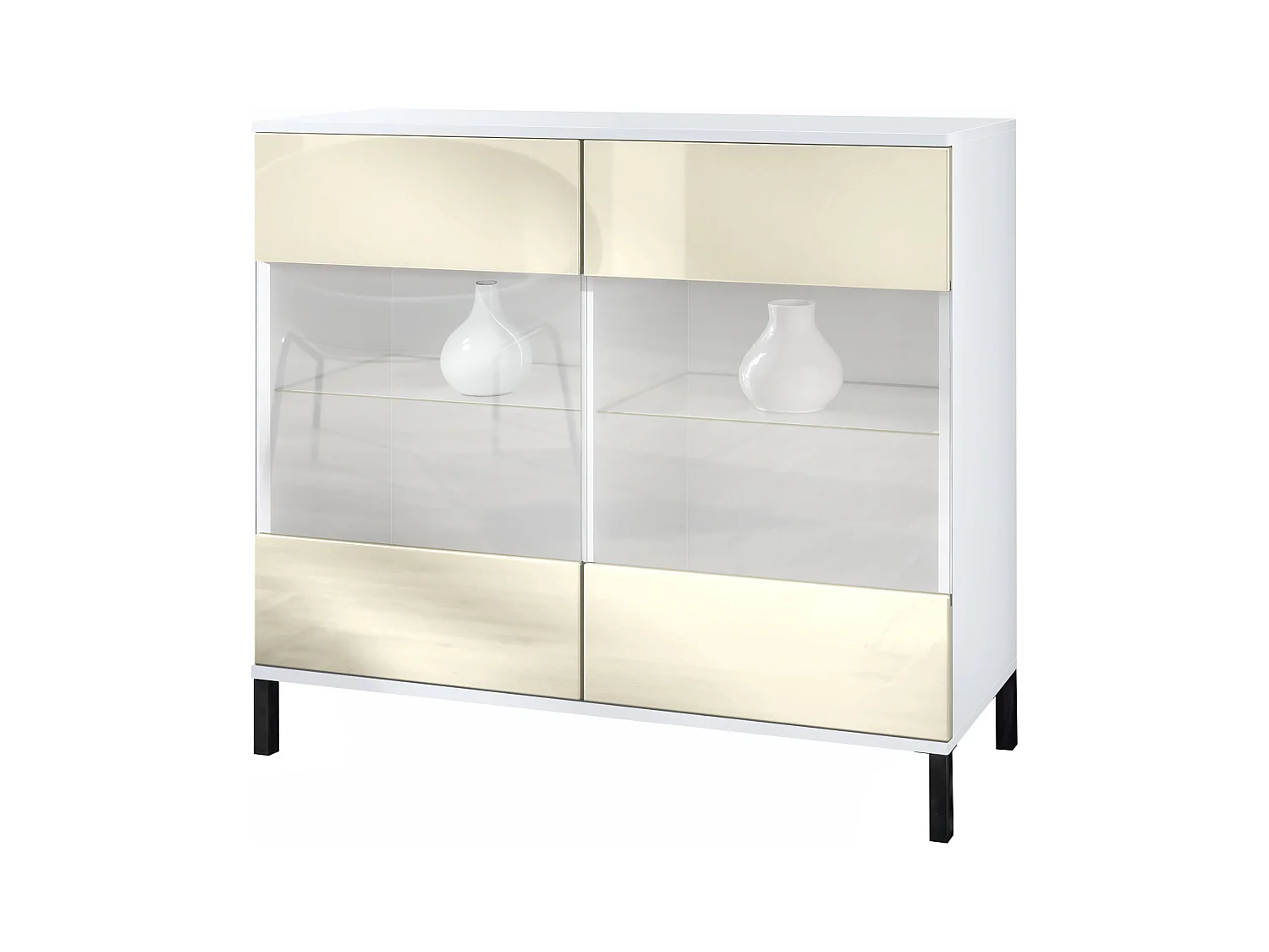 Commode Bari V3, Armoire de cuisine moderne avec 2 grandes portes vitrées blanc mat / crème haute brillance (92,5 x 83.5 x 35)
