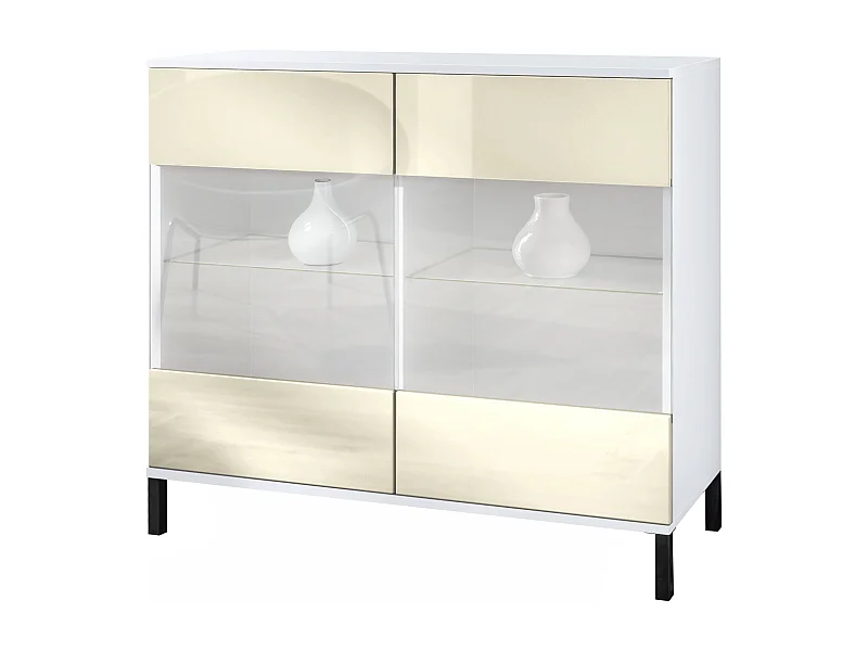 Commode Bari V3, Armoire de cuisine moderne avec 2 grandes portes vitrées blanc mat / crème haute brillance (92,5 x 83.5 x 35)
