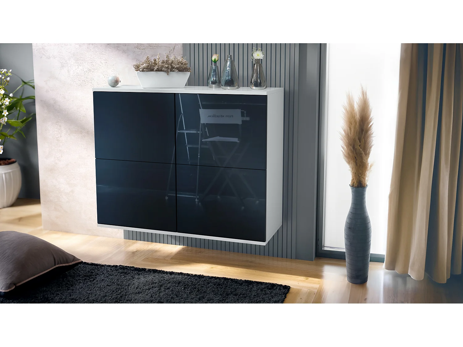 Aparador Rova V3 – Armario de cocina moderno con 4 puertas Push-to-Open blanco mate / negro de alto brillo (92,5 x 73.5 x 35)