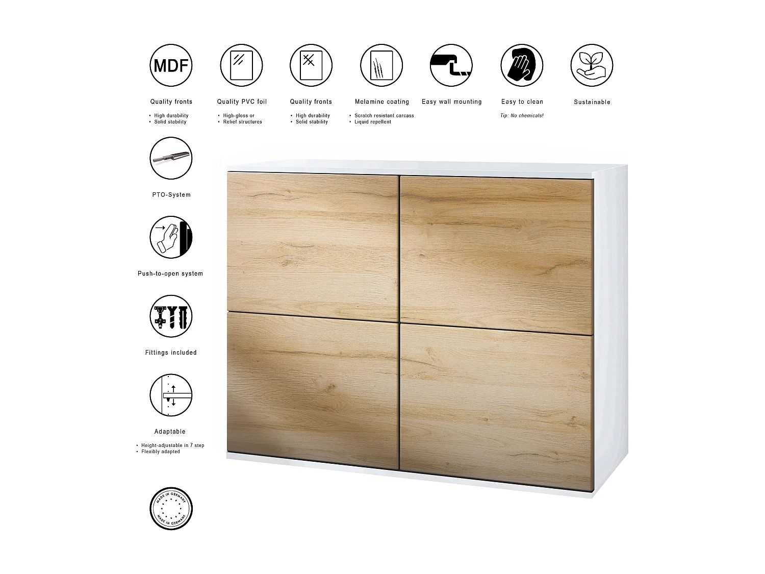 Aparador Rova V3 – Armario de cocina moderno con 4 puertas Push-to-Open blanco mate / negro de alto brillo (92,5 x 73.5 x 35)