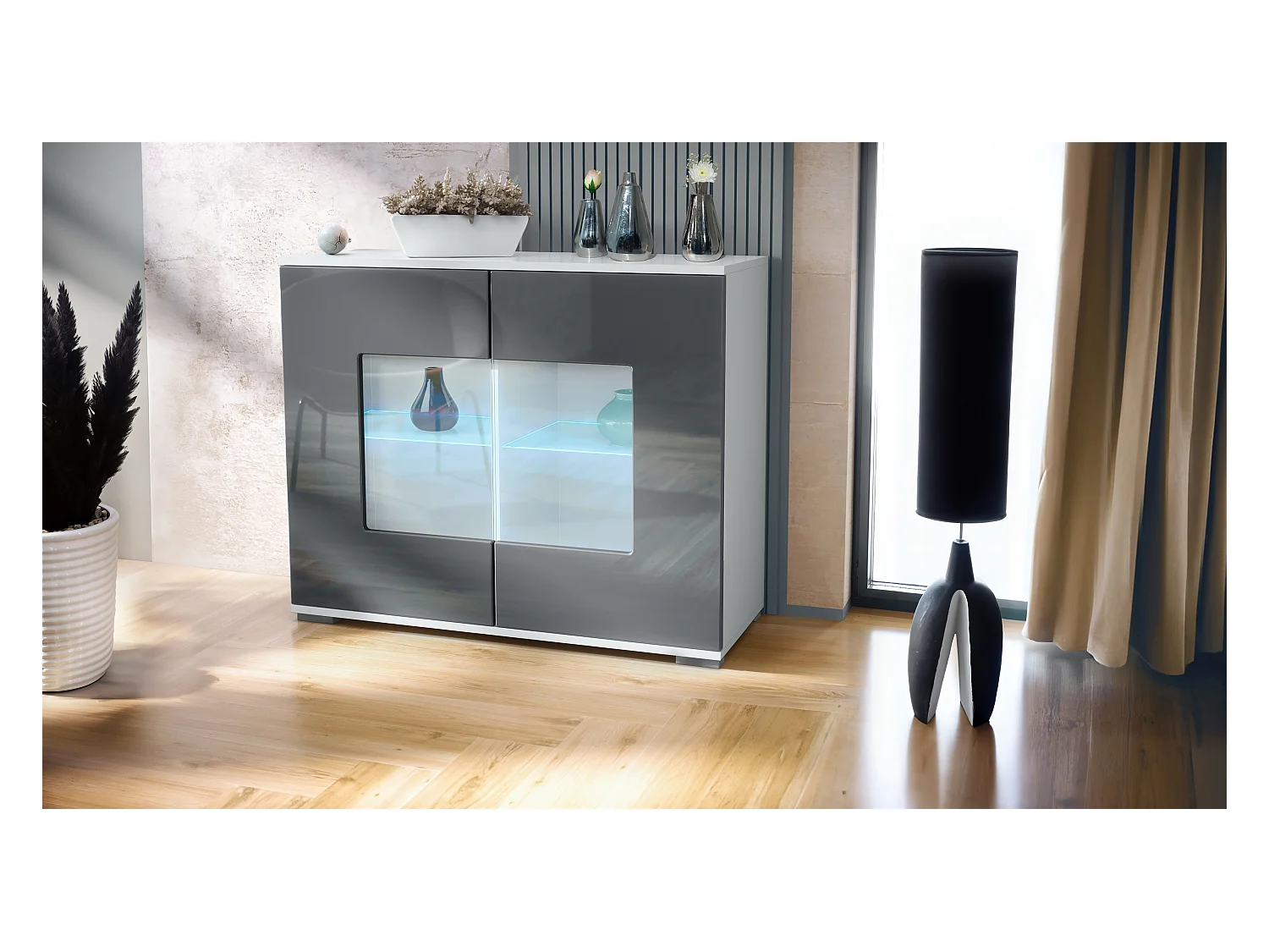 Commode Grömitz V3, Armoire de cuisine moderne avec 2 grandes portes vitrées incl. éclairage RGB blanc mat / gris haute brillance (92,5 x 75.5 x 35)