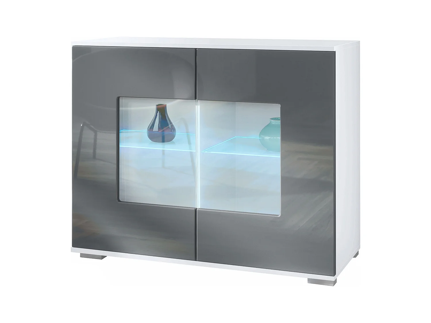 Commode Grömitz V3, Armoire de cuisine moderne avec 2 grandes portes vitrées incl. éclairage RGB blanc mat / gris haute brillance (92,5 x 75.5 x 35)