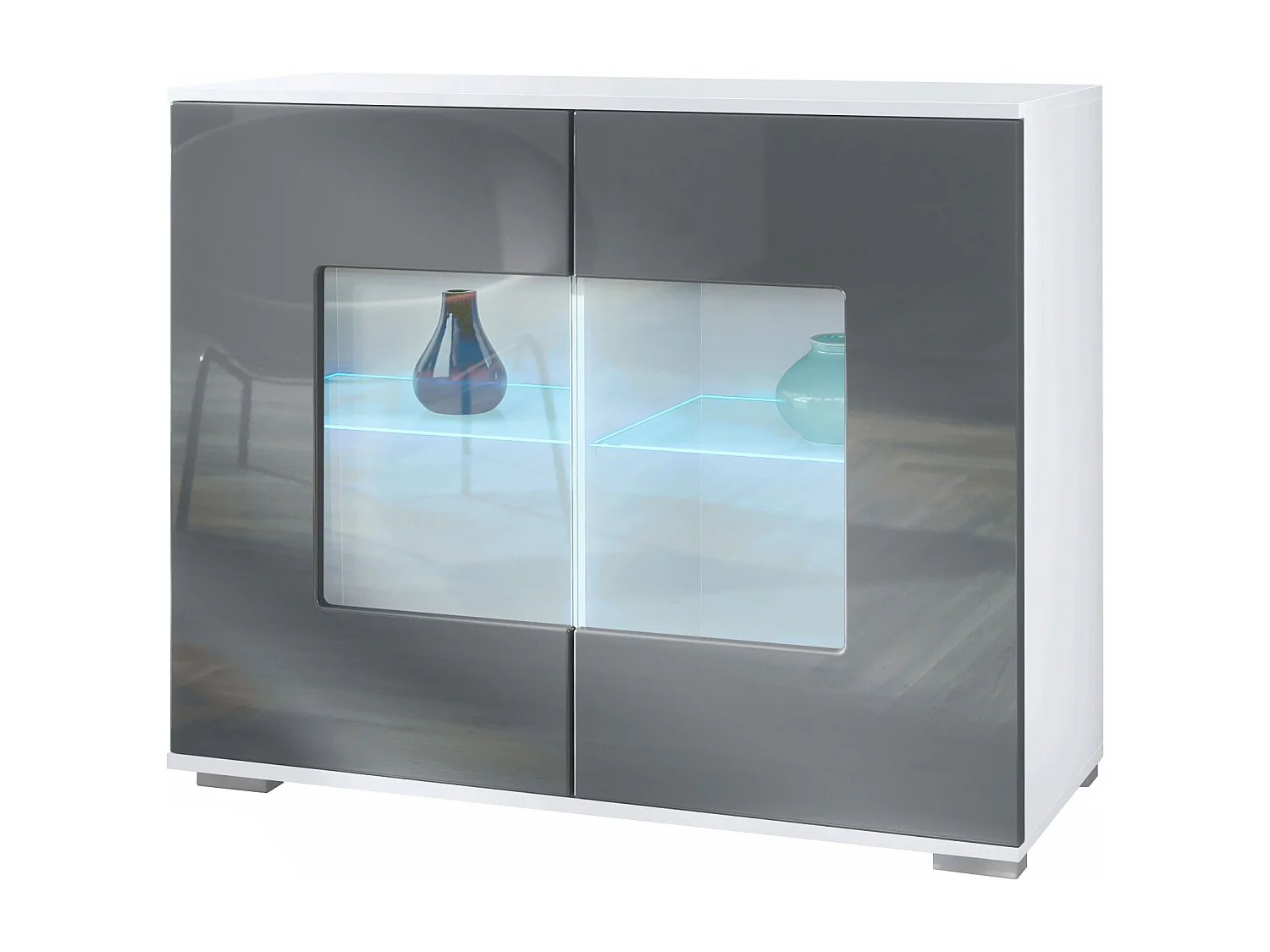 Cassettiera Grömitz V3, Mobile da cucina moderno con 2 grandi ante in vetro incl. illuminazione RGB bianco opaco / grigio lucido (92,5 x 75.5 x 35)