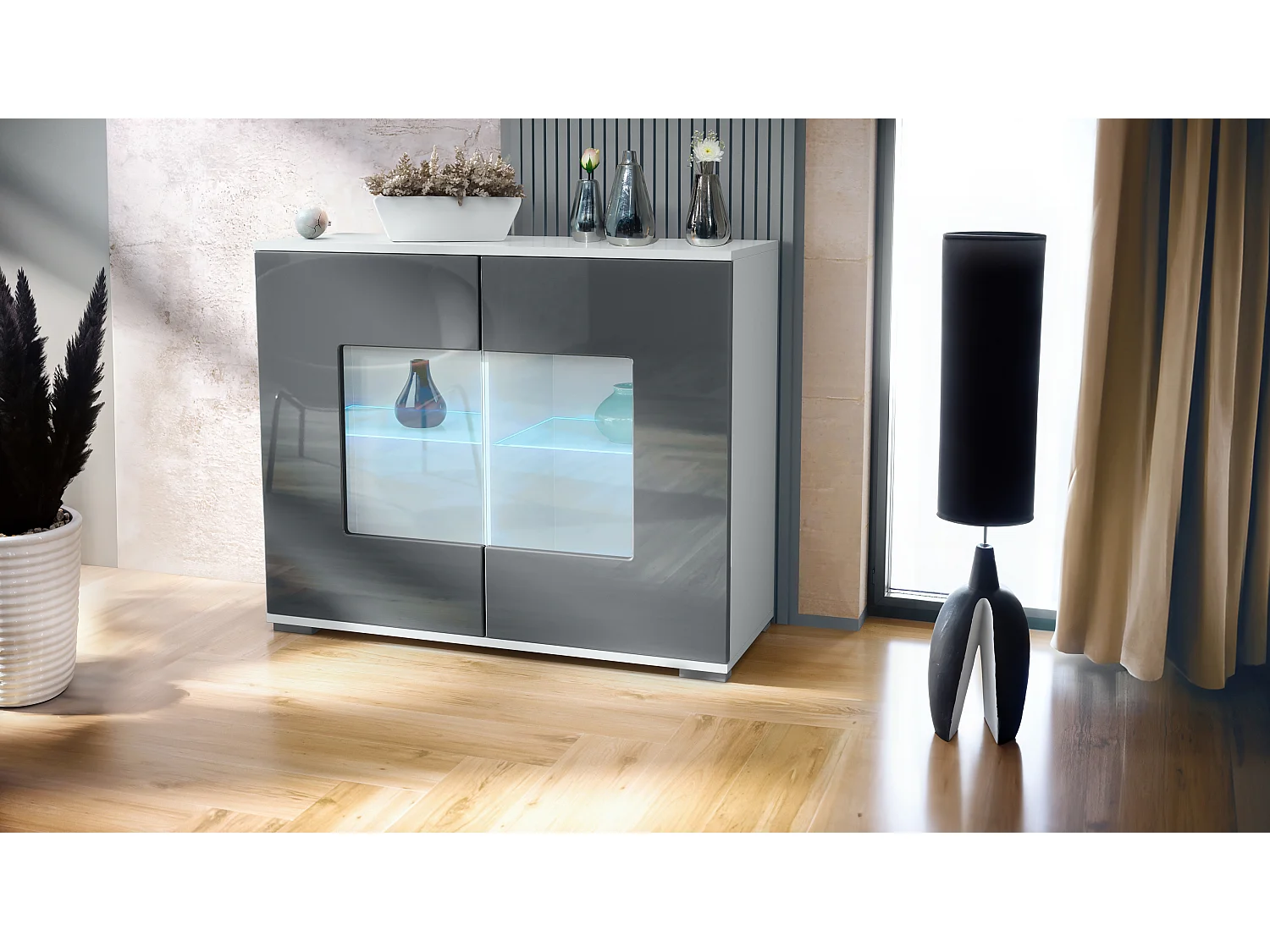 Cassettiera Grömitz V3, Mobile da cucina moderno con 2 grandi ante in vetro incl. illuminazione RGB bianco opaco / grigio lucido (92,5 x 75.5 x 35)
