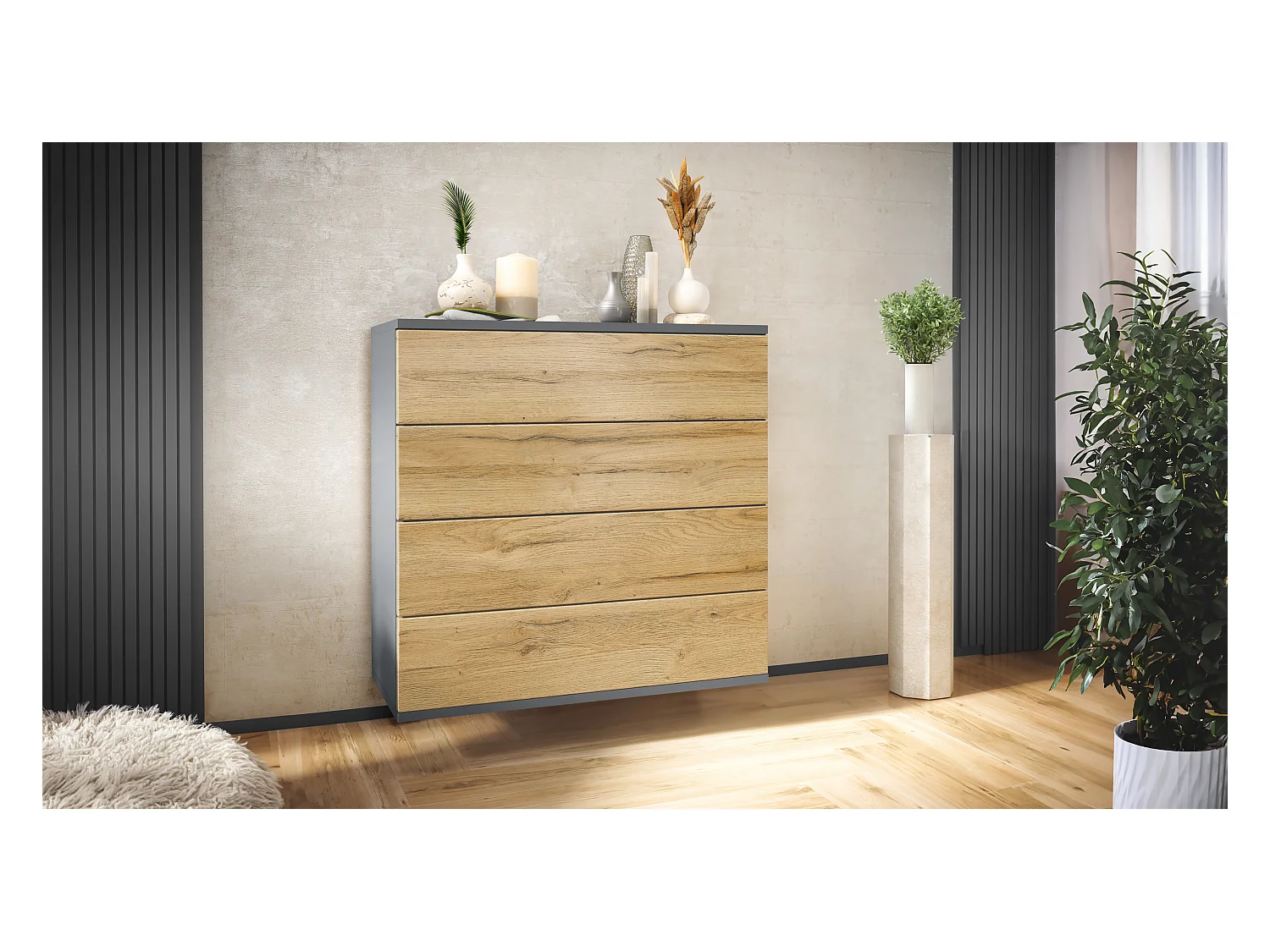 Commode suspendue Pavos V3, Buffet avec 4 tiroirs anthracite mat/chêne nature (76 x 76 x 35 cm)