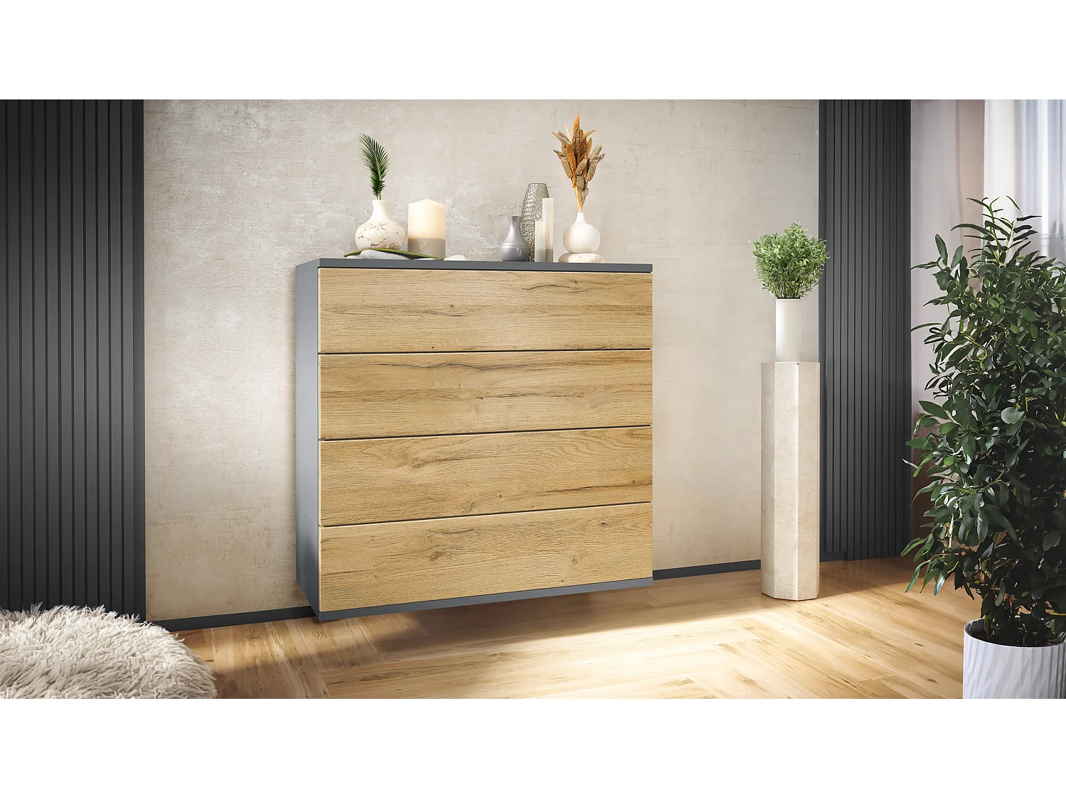 Cassettiera sospesa Pavos V3, Credenza con 4 cassetti antracite opaco /rovere naturale (76 x 76 x 35 cm)
