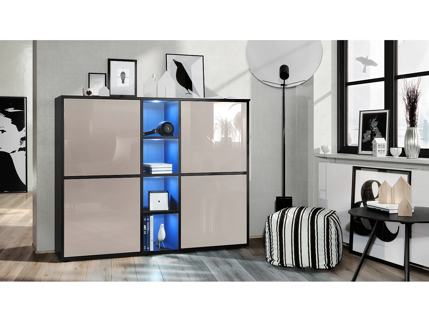 Highboard Cuba V3, noir mat/gris sable haute brillance y compris LED - Buffet moderne à 12 compartiments (130,5 x 105,5 x 35,5 cm)