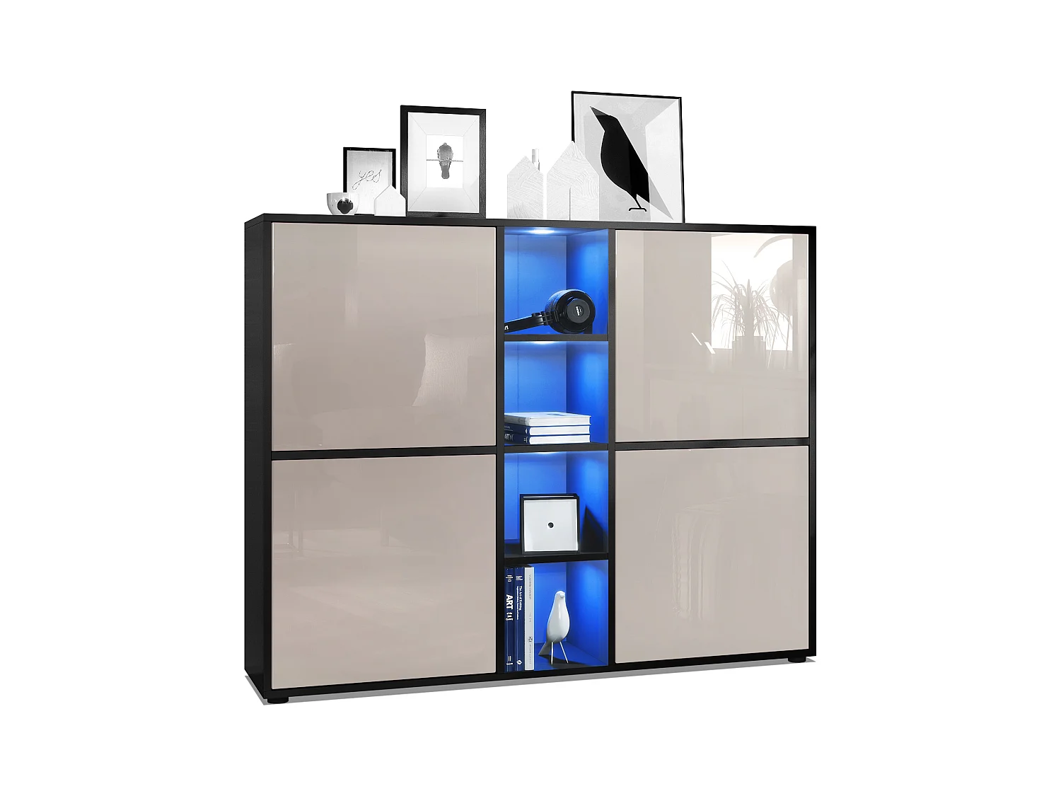 Highboard Cuba V3, noir mat/gris sable haute brillance y compris LED - Buffet moderne à 12 compartiments (130,5 x 105,5 x 35,5 cm)