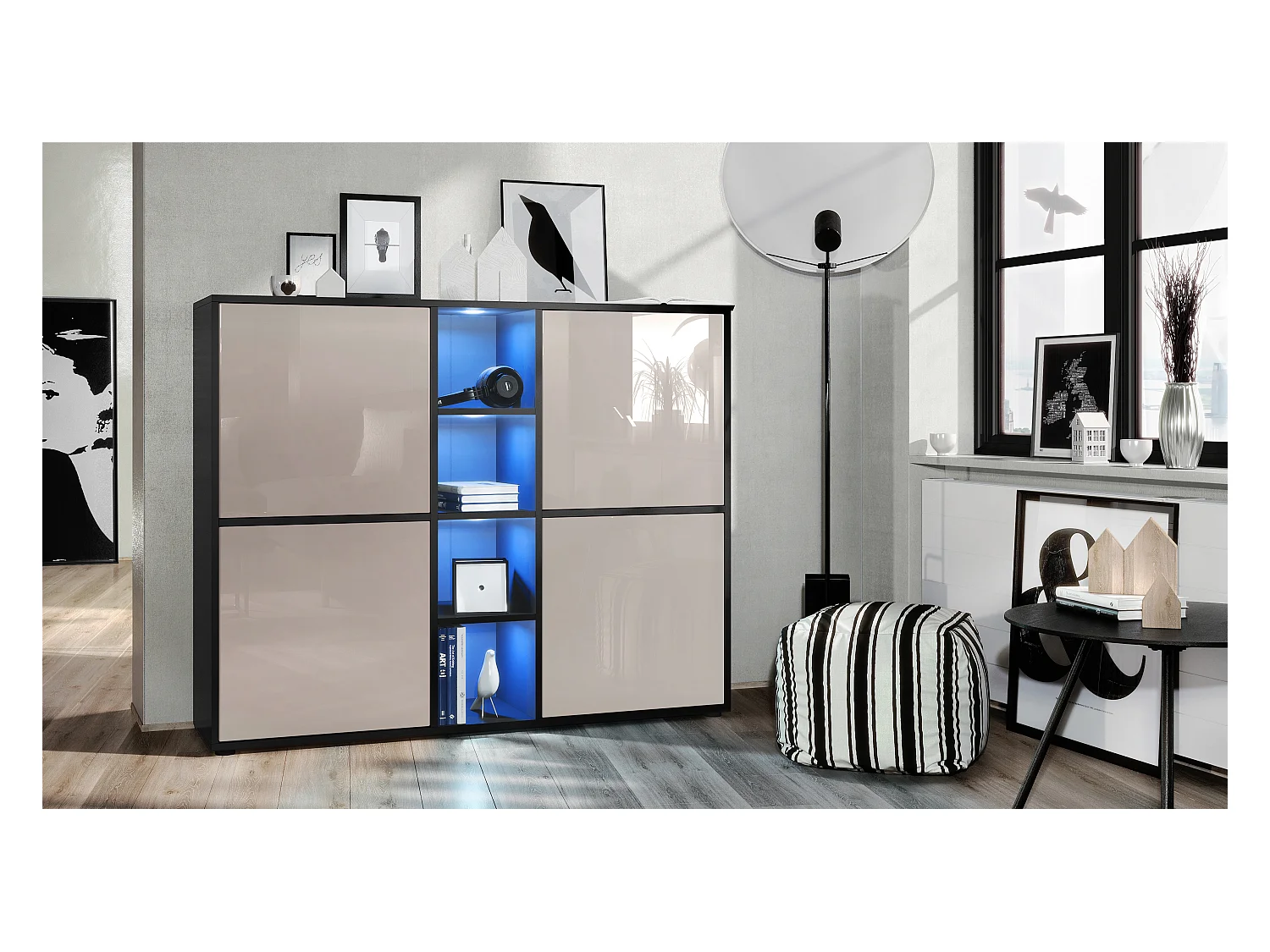 Highboard Cuba V3, noir mat/gris sable haute brillance y compris LED - Buffet moderne à 12 compartiments (130,5 x 105,5 x 35,5 cm)