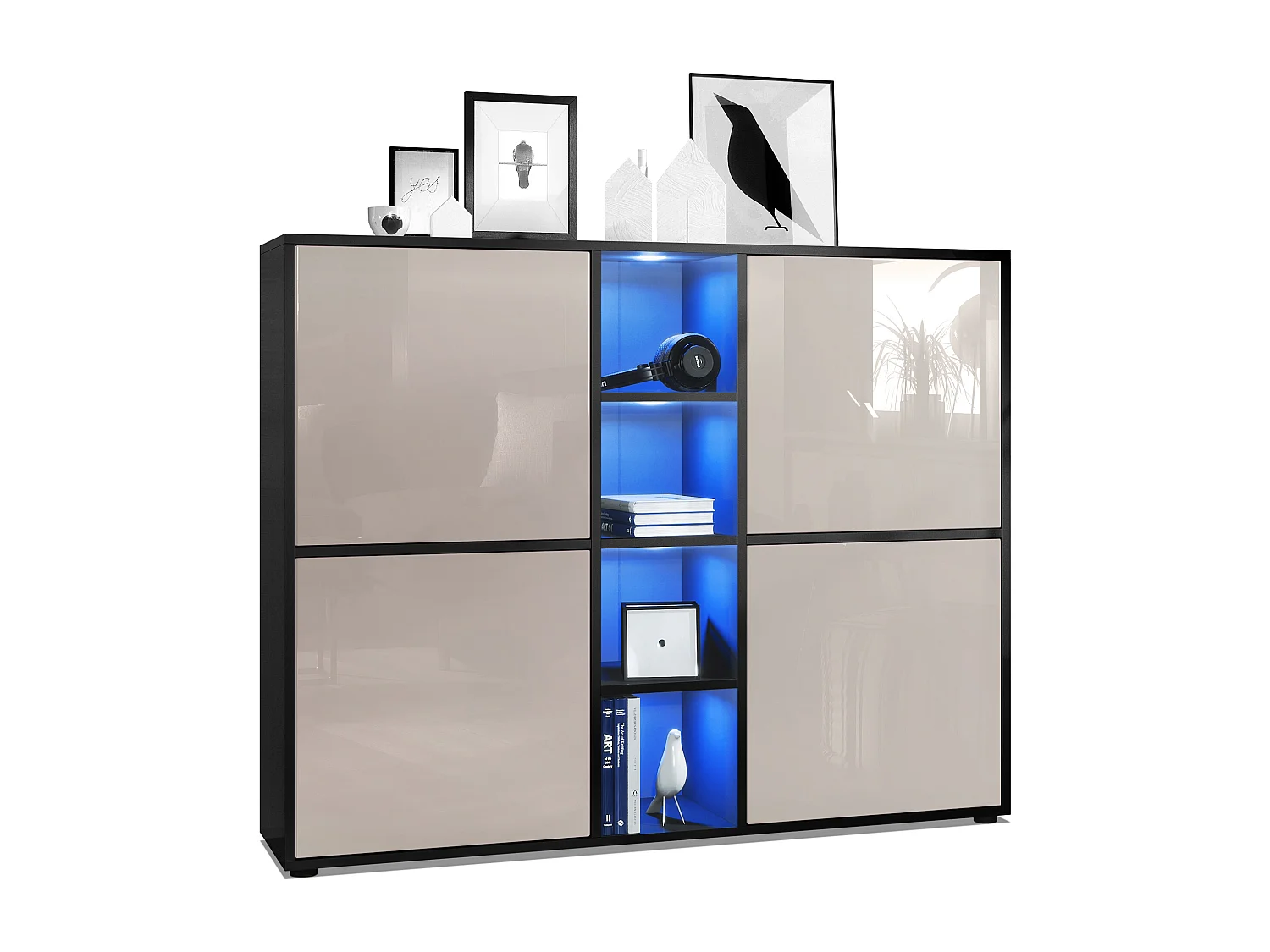 Highboard Cuba V3, noir mat/gris sable haute brillance y compris LED - Buffet moderne à 12 compartiments (130,5 x 105,5 x 35,5 cm)