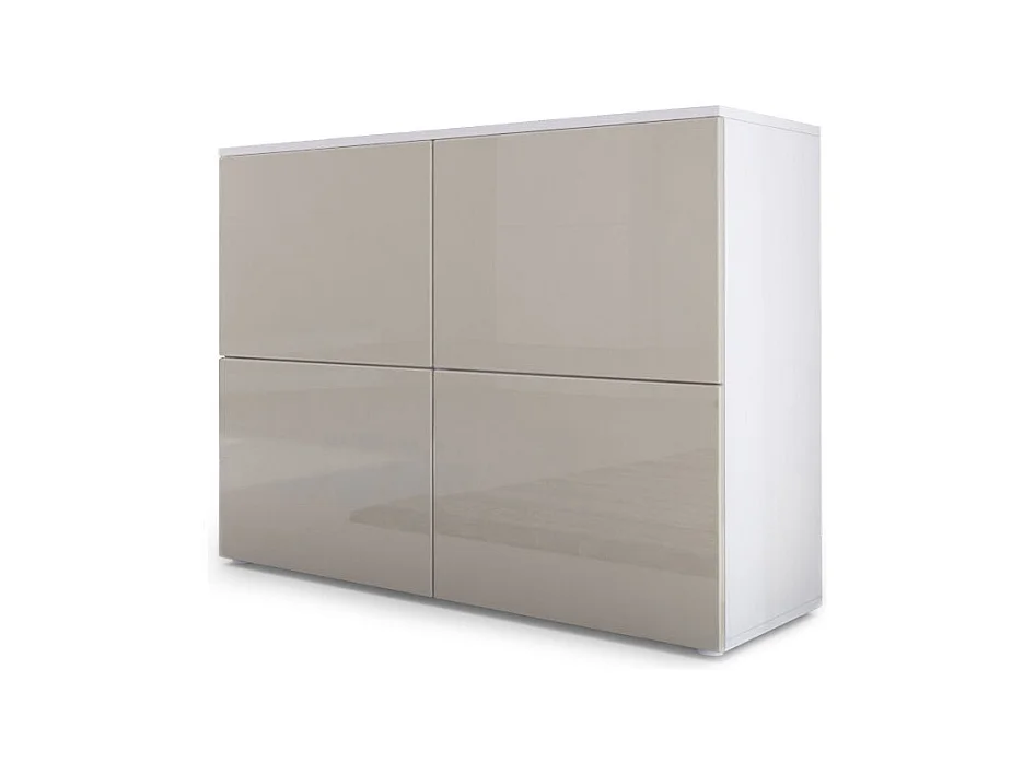 Buffet Rova, Commode avec 4 portes, Blanc mat/Gris sable haute brillance (92 x 72 x 35 cm)
