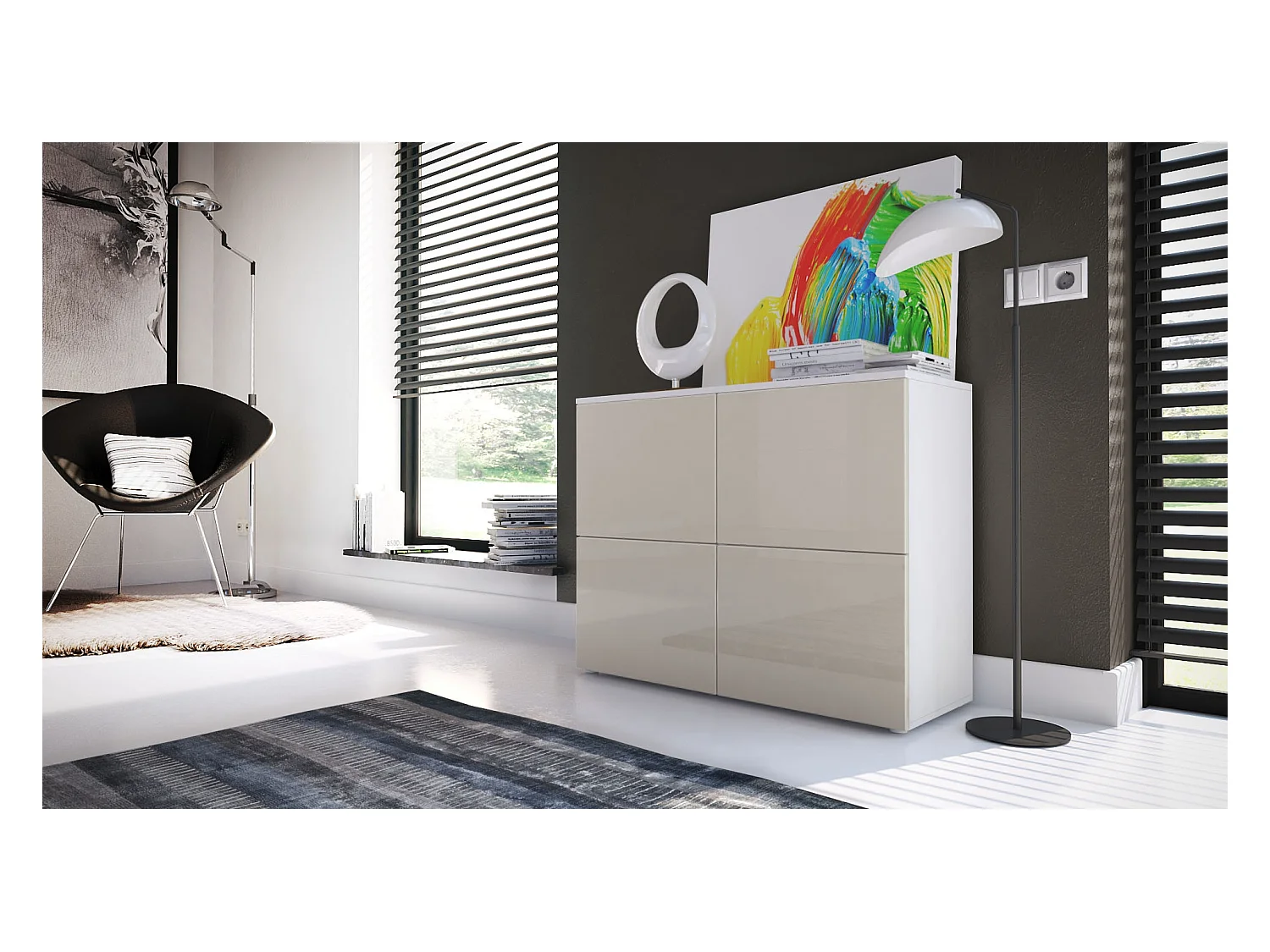 Buffet Rova, Commode avec 4 portes, Blanc mat/Gris sable haute brillance (92 x 72 x 35 cm)