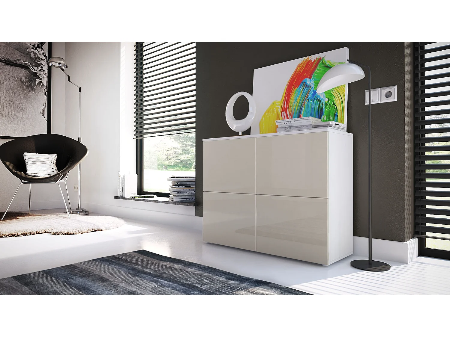 Madia  Rova, mobile a 4 ante, bianco opaco/grigio sabbia lucido (92 x 72 x 35 cm)