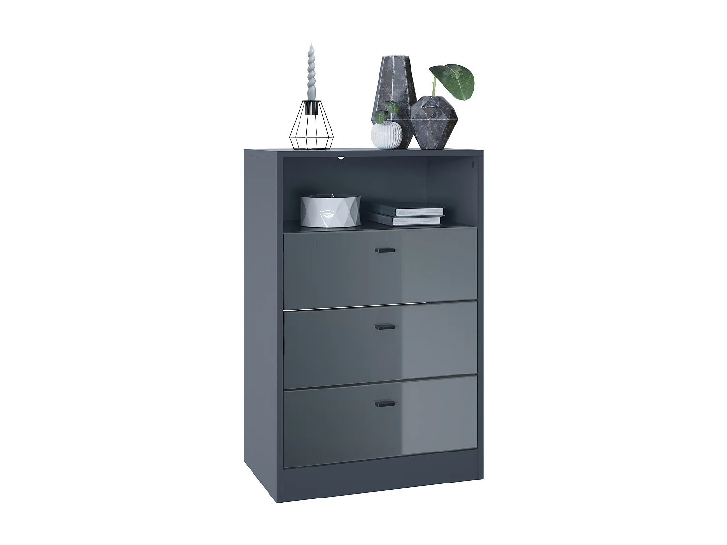 Commode Buffet Pino V2, avec 3 tiroirs & 1 compartiment ouvert, Anthracite mat /Gris haute brillance sans LED (56 x 86,5 x 36 cm)