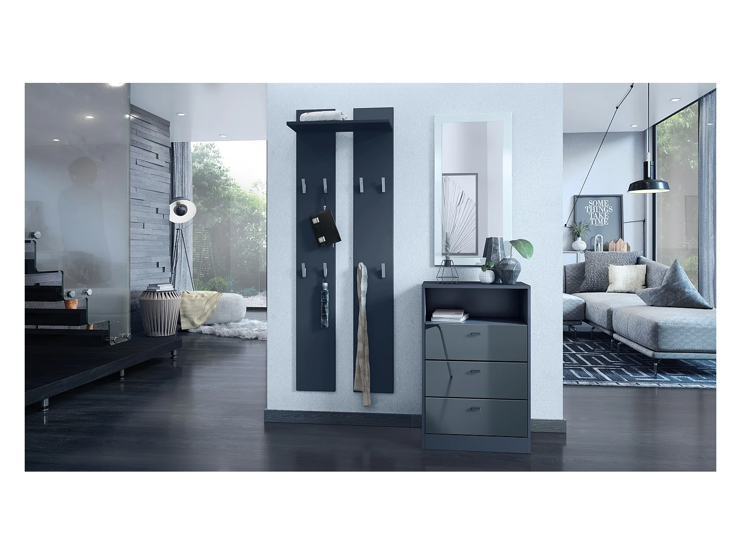 Commode Buffet Pino V2, avec 3 tiroirs & 1 compartiment ouvert, Anthracite mat /Gris haute brillance sans LED (56 x 86,5 x 36 cm)