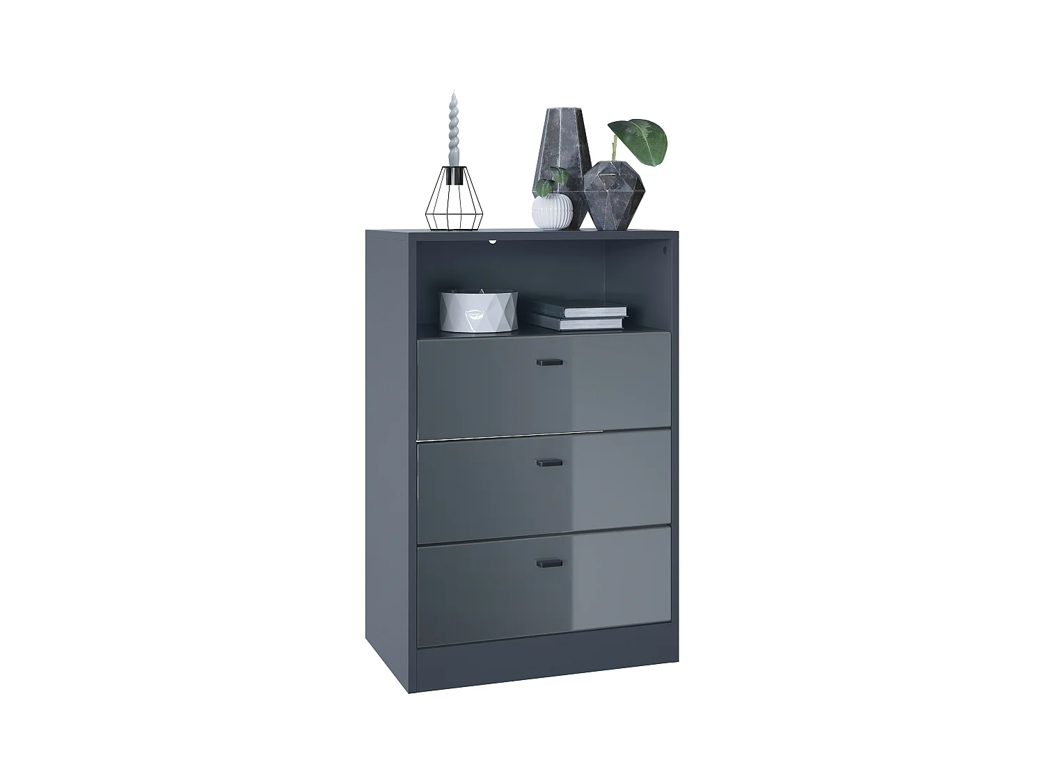 Commode Buffet Pino V2, avec 3 tiroirs & 1 compartiment ouvert, Anthracite mat /Gris haute brillance sans LED (56 x 86,5 x 36 cm)