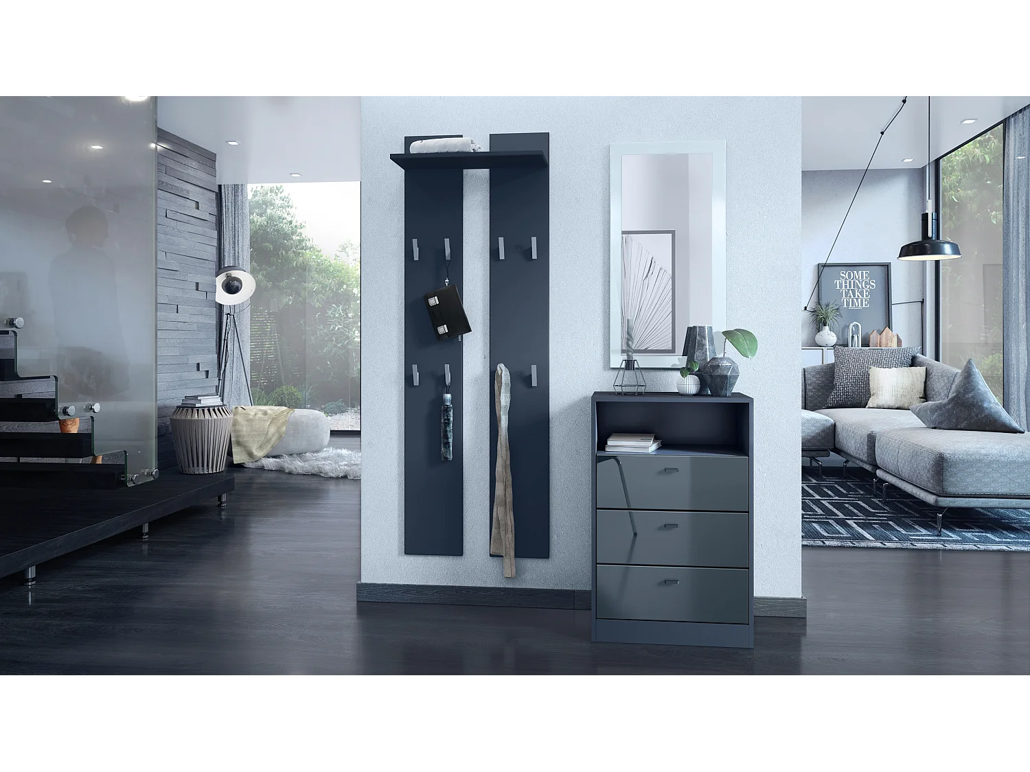 Cassettiera Pino V2, Credenza con 3 cassetti e 1 vano a giorno, antracite/ grigio senza LED (56 x 86,5 x 36 cm)