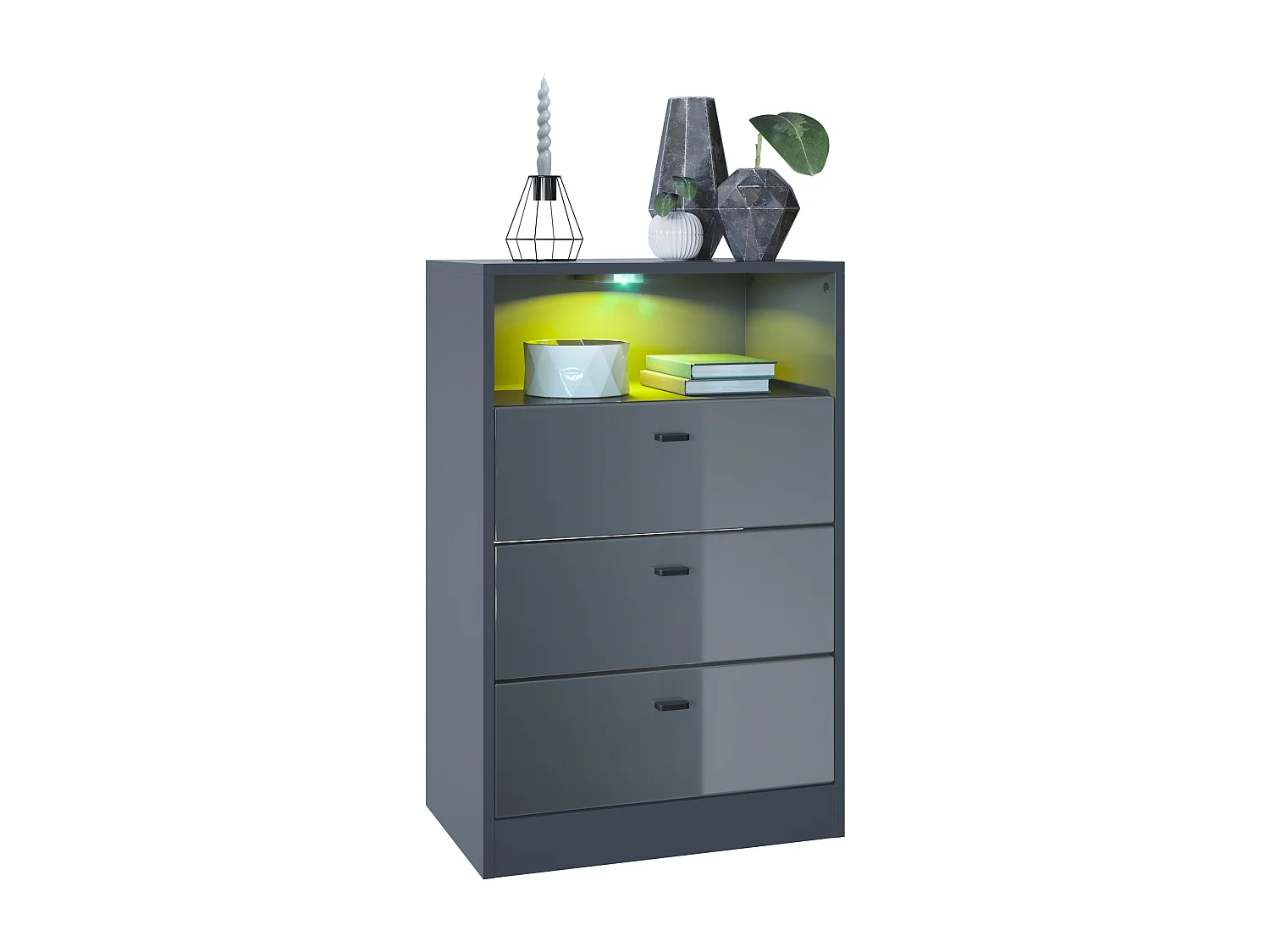 Commode Buffet Pino V2, avec 3 tiroirs & 1 compartiment ouvert, Anthracite mat /Gris haute brillance avec éclairage LED RVB (56 x 86,5 x 36 cm)