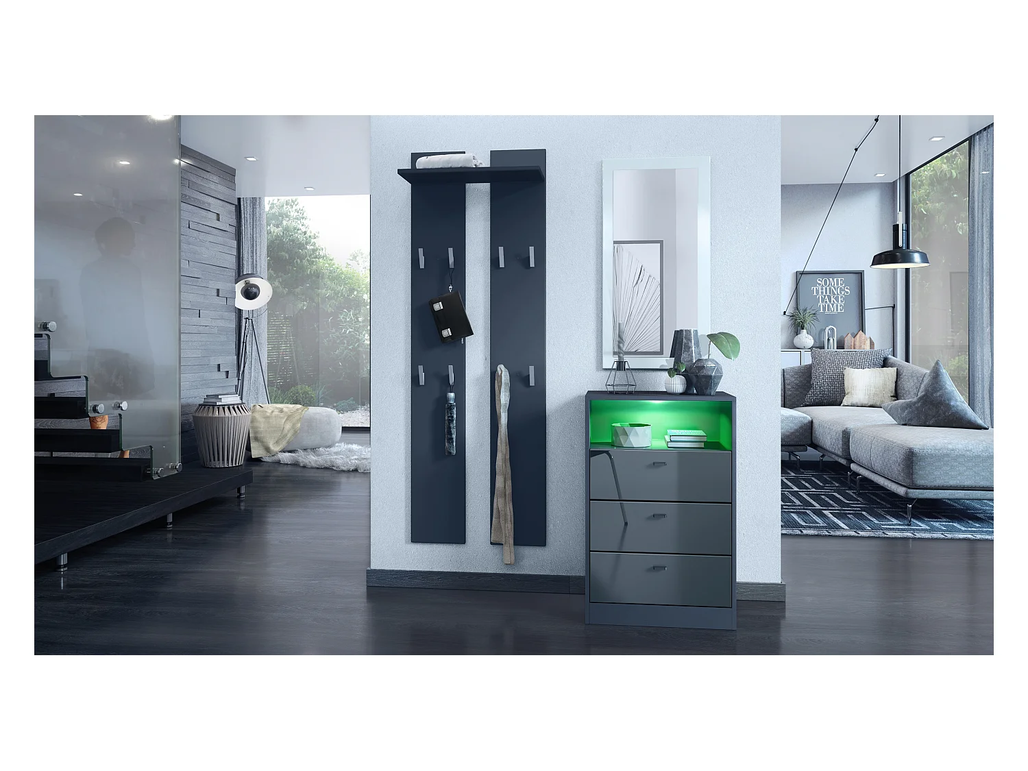 Commode Buffet Pino V2, avec 3 tiroirs & 1 compartiment ouvert, Anthracite mat /Gris haute brillance avec éclairage LED RVB (56 x 86,5 x 36 cm)