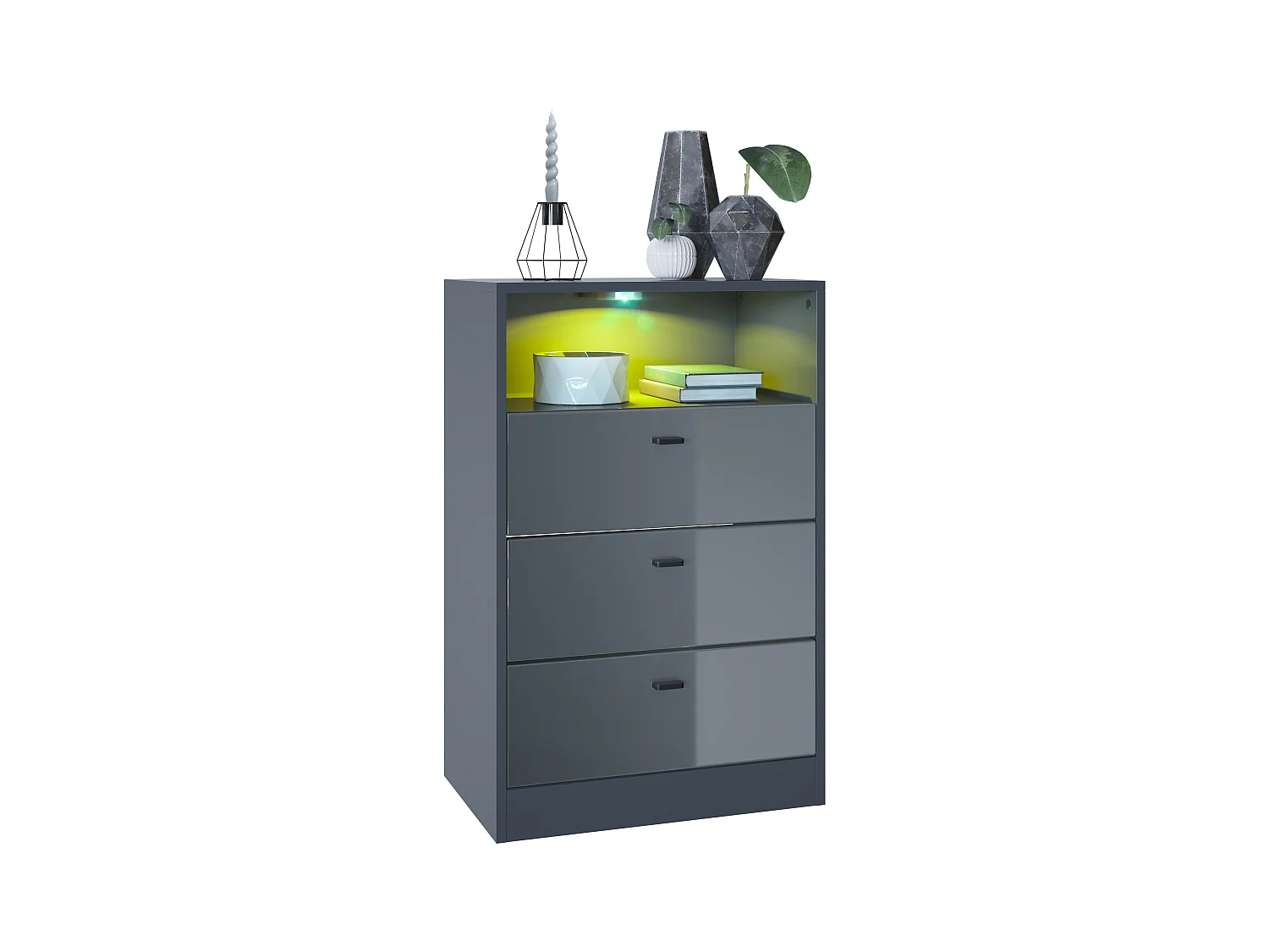 Commode Buffet Pino V2, avec 3 tiroirs & 1 compartiment ouvert, Anthracite mat /Gris haute brillance avec éclairage LED RVB (56 x 86,5 x 36 cm)