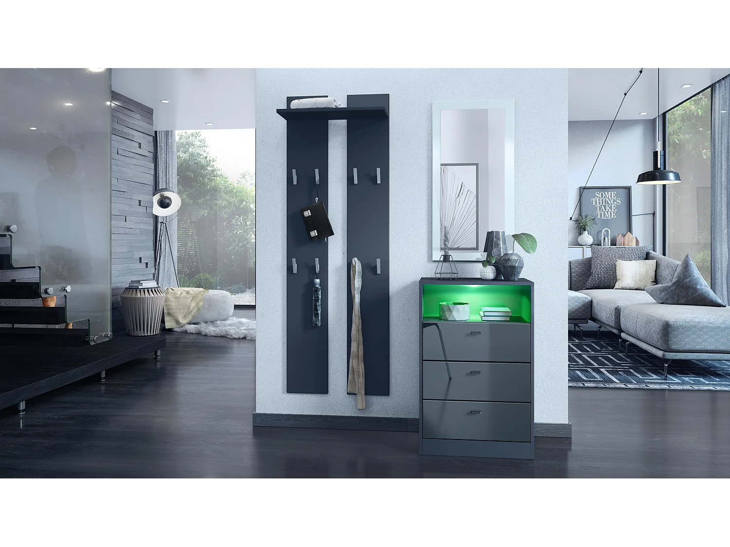 Cassettiera Pino V2, Credenza con 3 cassetti e 1 vano a giorno, antracite/grigio lucido con LED RGB (56 x 86,5 x 36 cm)