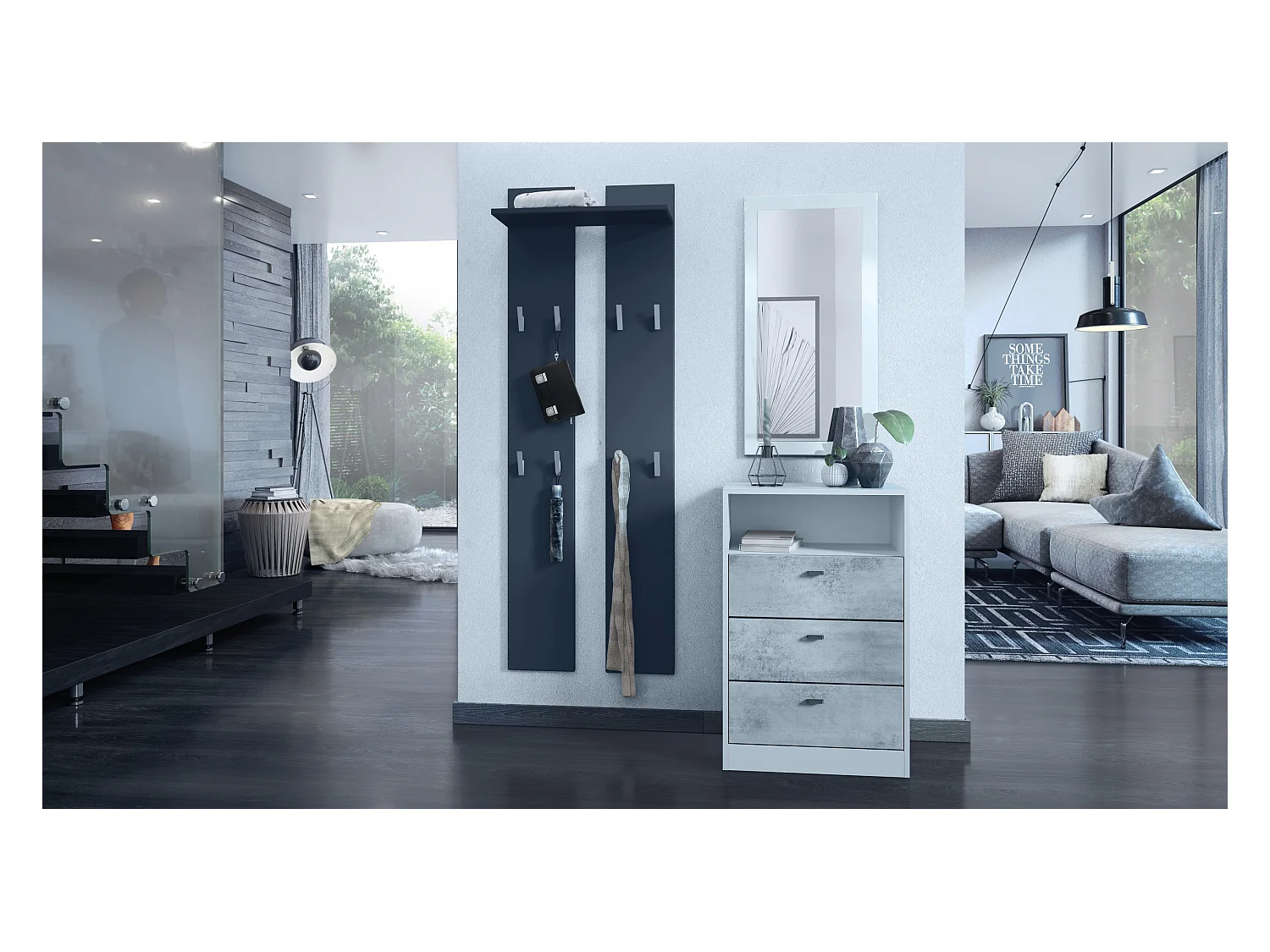 Ensemble de vestiaires Pino V2, 2 Panneaux muraux 140 cm et buffet avec 2 tiroirs & 1 compartiment ouvert, blanc mat/aspect béton oxyde (56 x 67,5 x 36 cm)