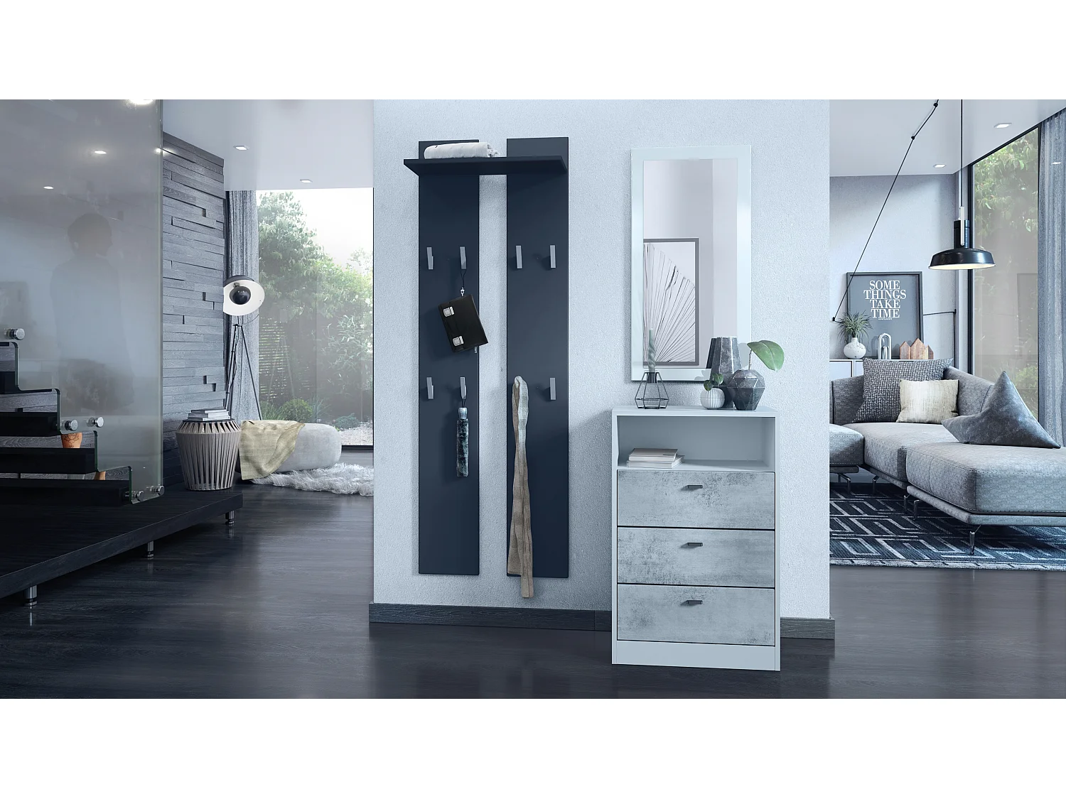 Ensemble de vestiaires Pino V2, 2 Panneaux muraux 140 cm et buffet avec 2 tiroirs & 1 compartiment ouvert, blanc mat/aspect béton oxyde (56 x 67,5 x 36 cm)