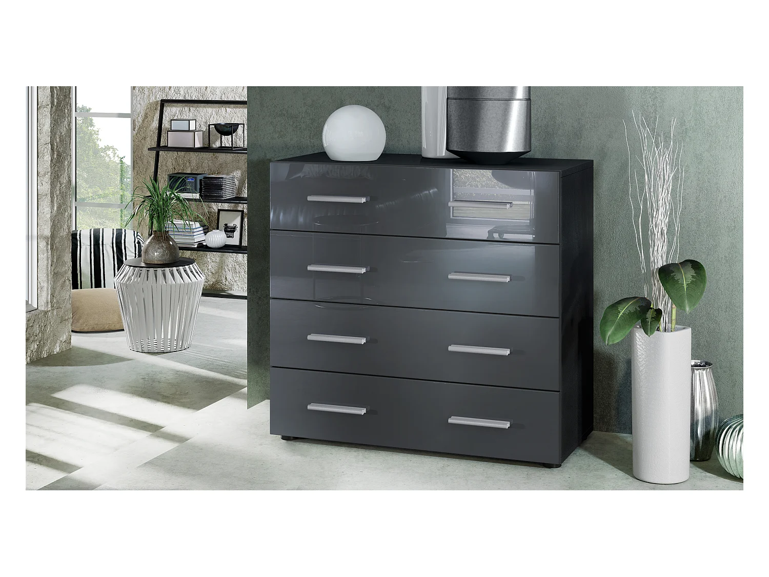 Buffet Pavos, Commode avec 4 tiroirs, noir mat/gris haute brillance (76 x 72 x 35 cm)