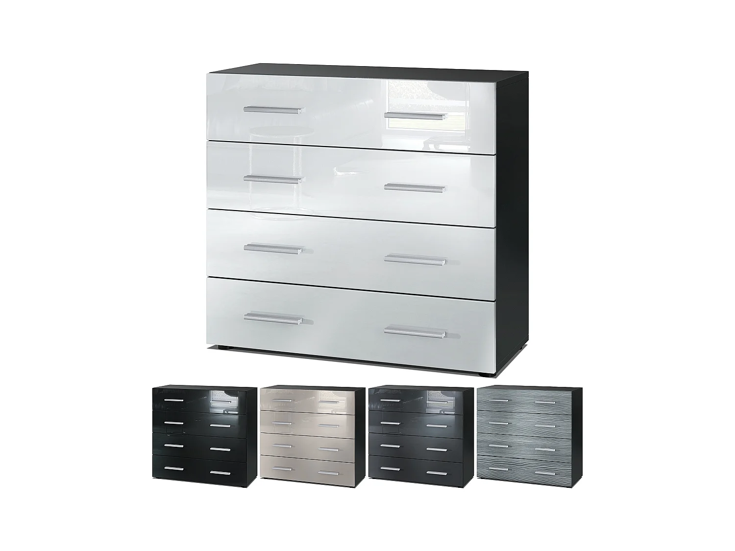 Buffet Pavos, Commode avec 4 tiroirs, noir mat/gris haute brillance (76 x 72 x 35 cm)