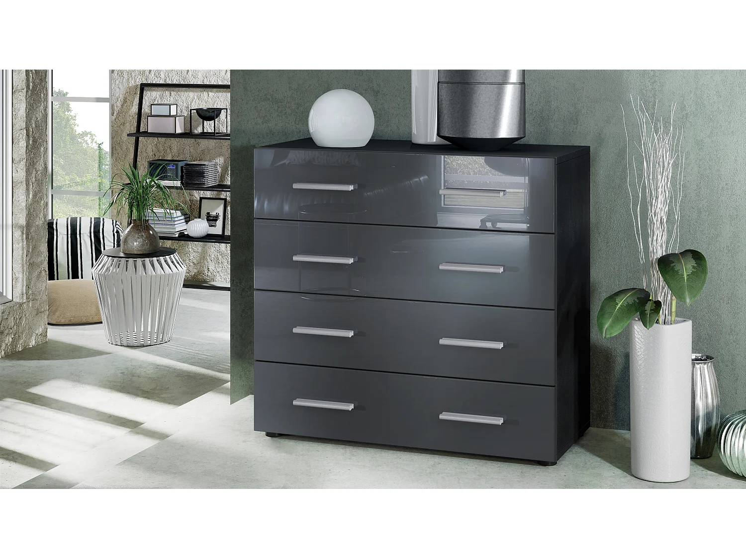 Vladon Madia Pavos, mobile con 4 cassetti, nero opaco/grigio lucido (76 x 72 x 35 cm)