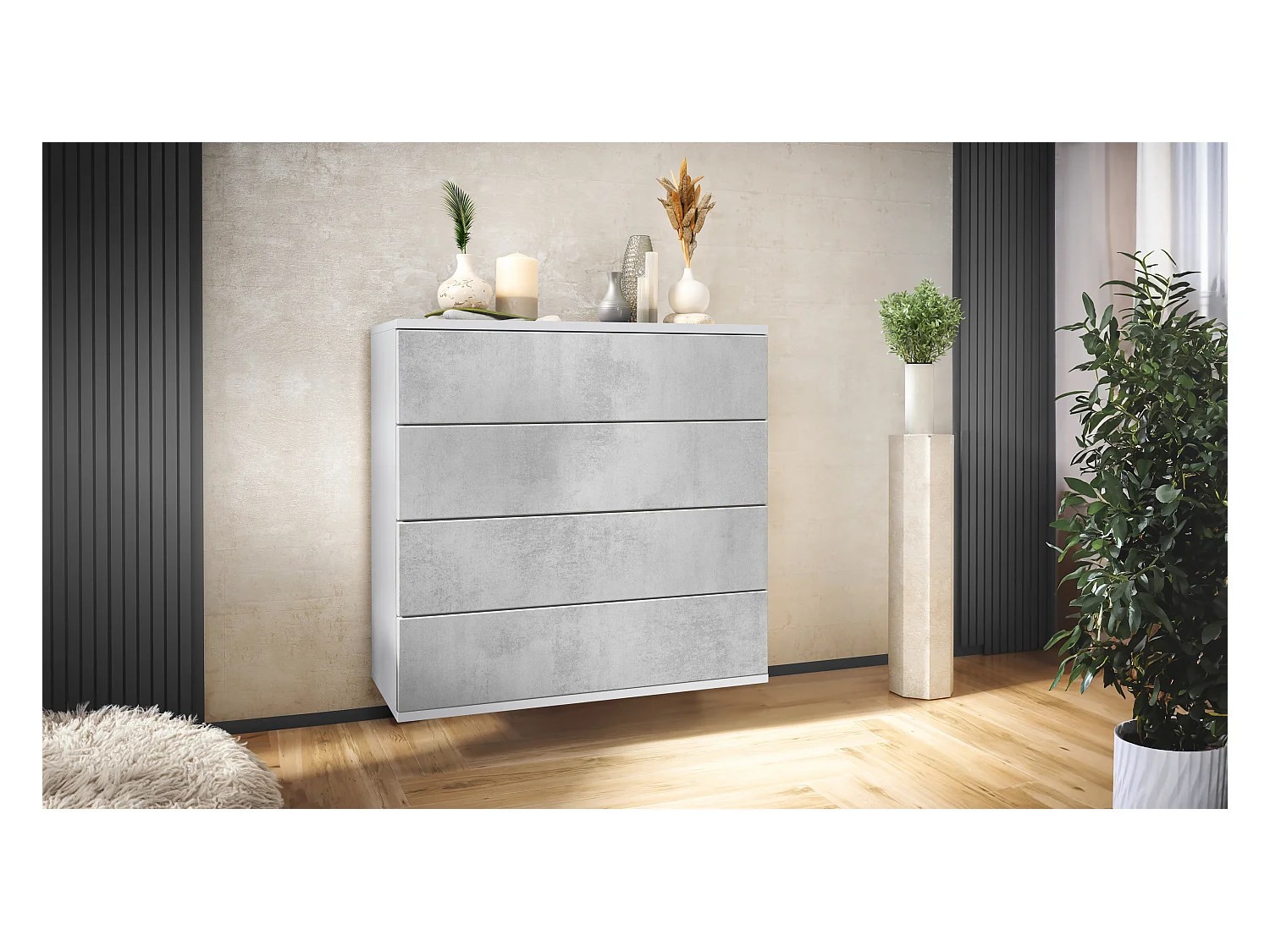 Commode suspendue Pavos V3, Buffet avec 4 tiroirs blanc mat/aspect béton oxyde (76 x 76 x 35 cm)
