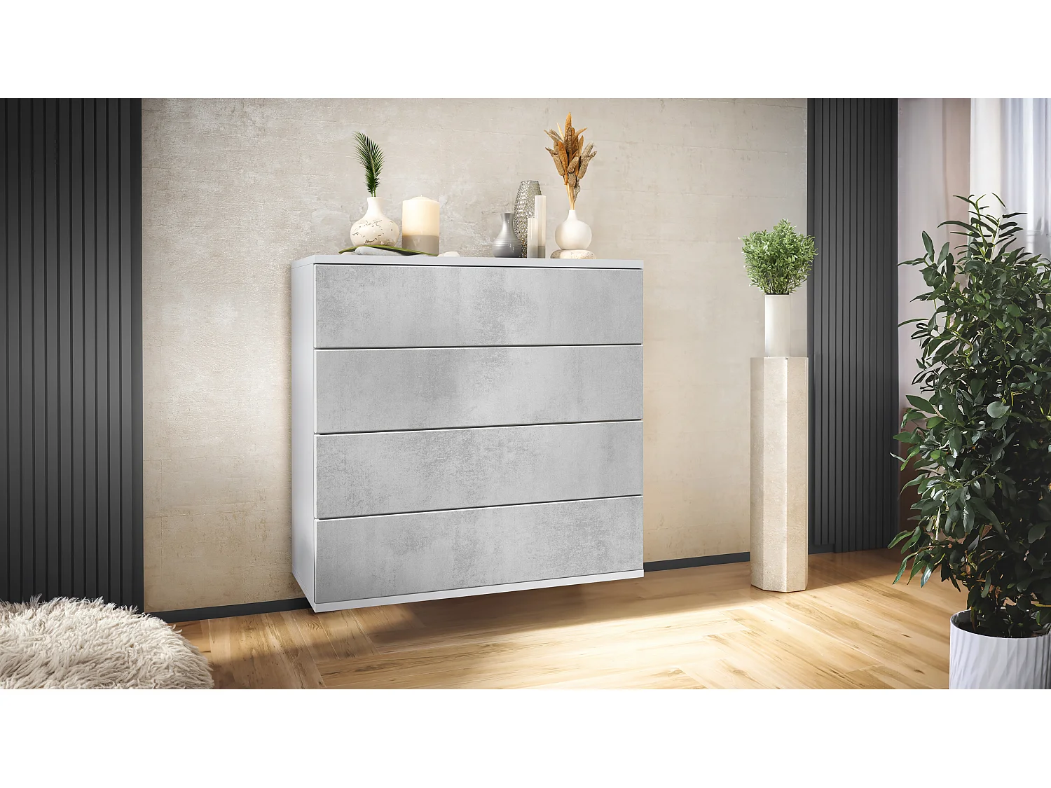 Cassettiera sospesa Pavos V3, Credenza con 4 cassetti bianco opaco/ottica cermento ossido (76 x 76 x 35 cm)