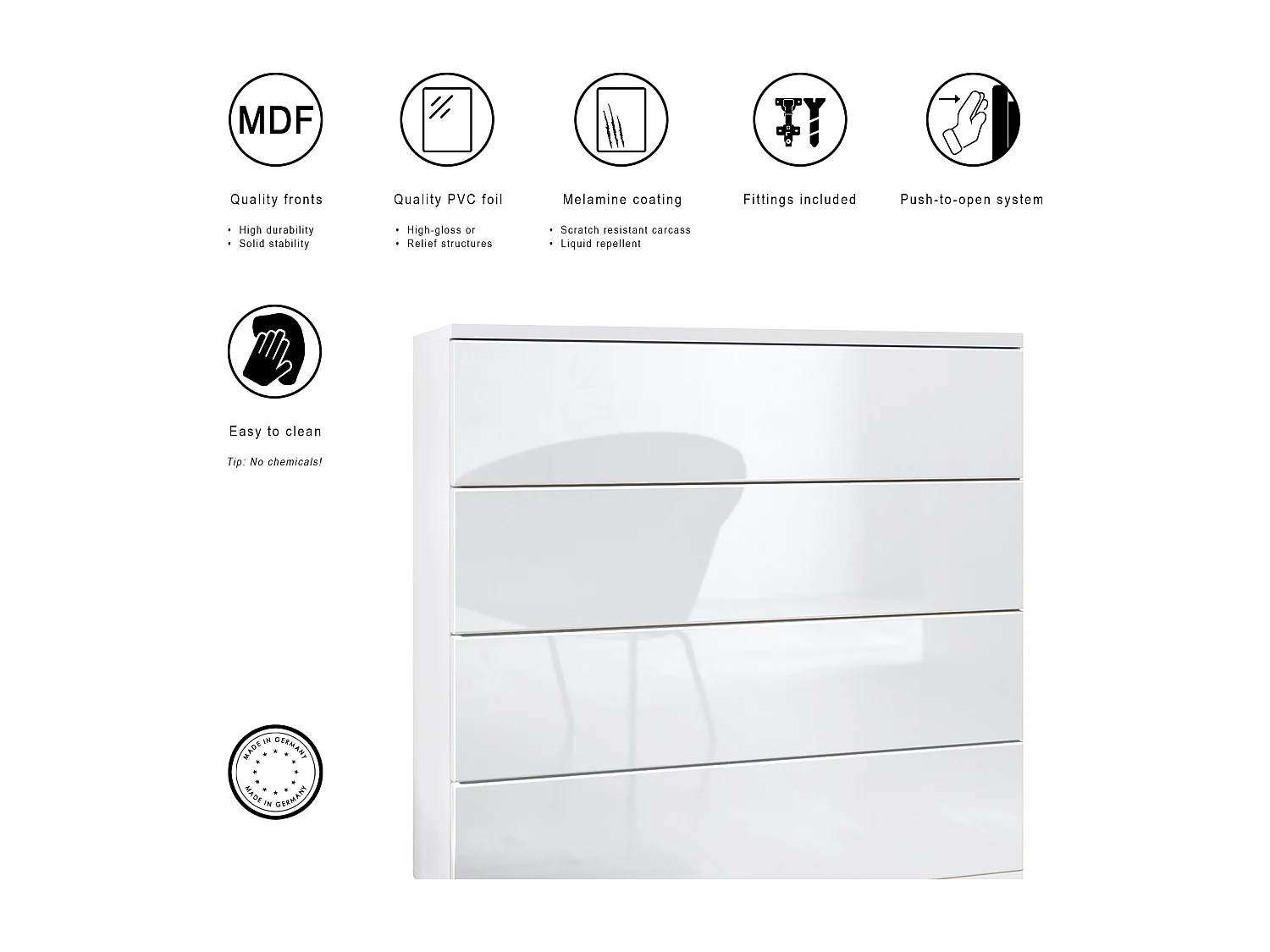 Cassettiera sospesa Pavos V3, Credenza con 4 cassetti bianco opaco/ottica cermento ossido (76 x 76 x 35 cm)